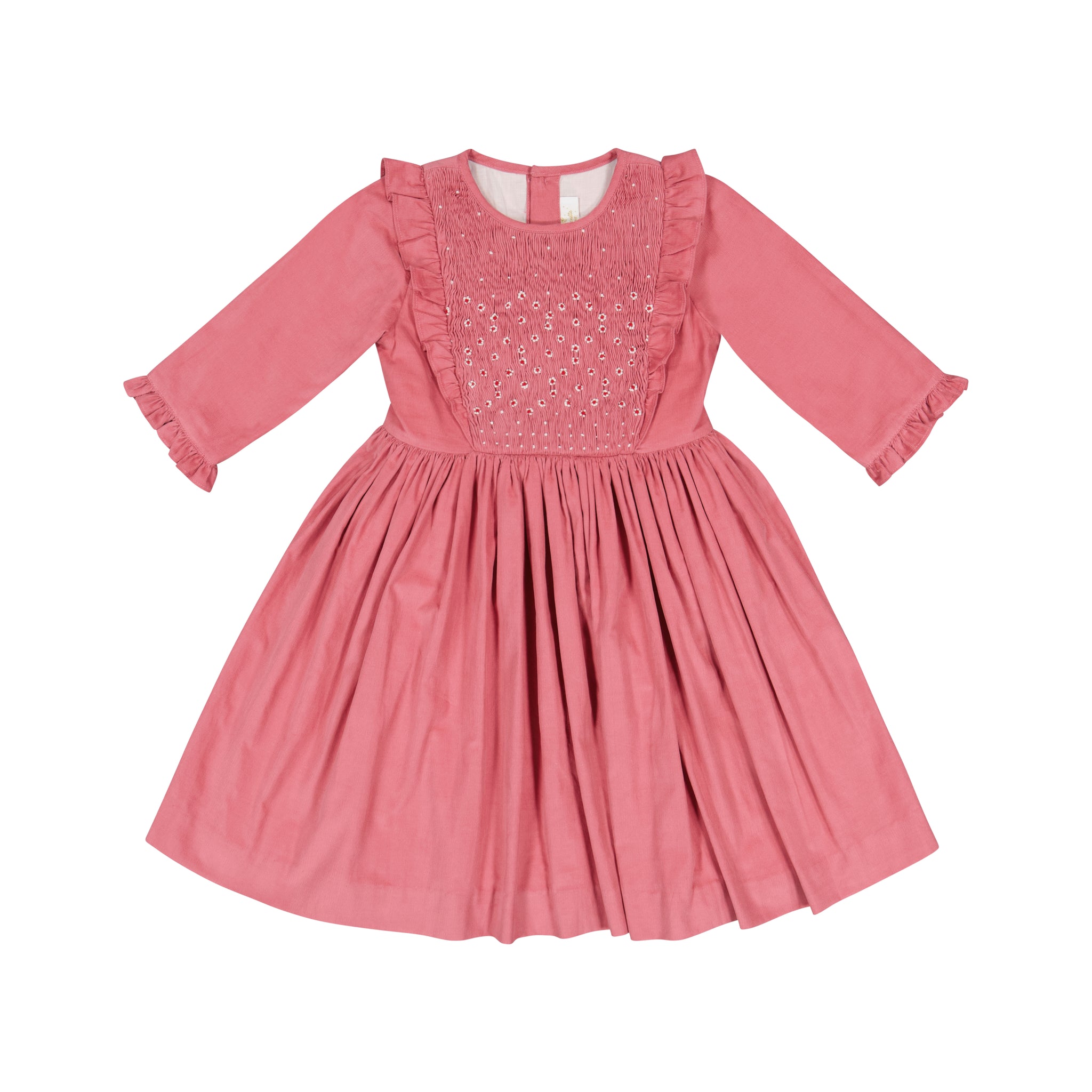 ANGELE PINK CORDUROY FRILLED LONG SLEEVE SMOCKED DRESS