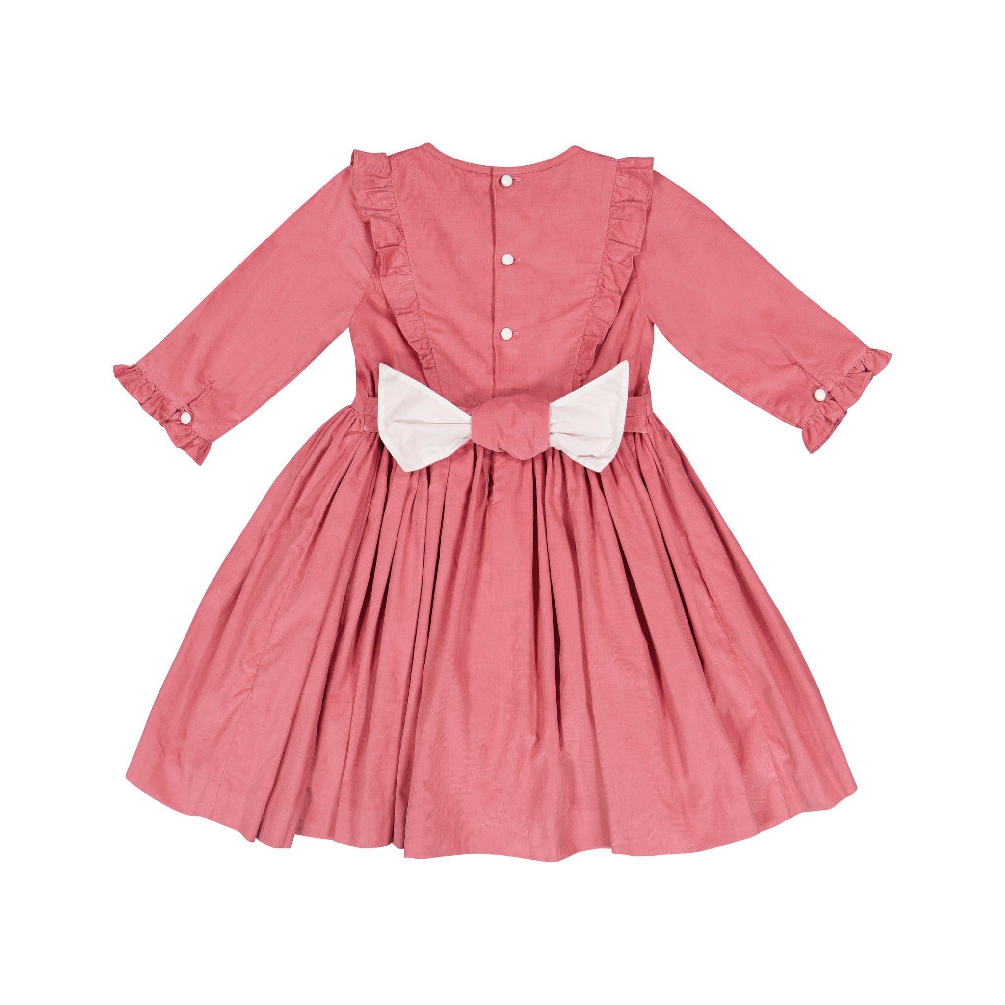 ANGELE PINK CORDUROY FRILLED LONG SLEEVE SMOCKED DRESS