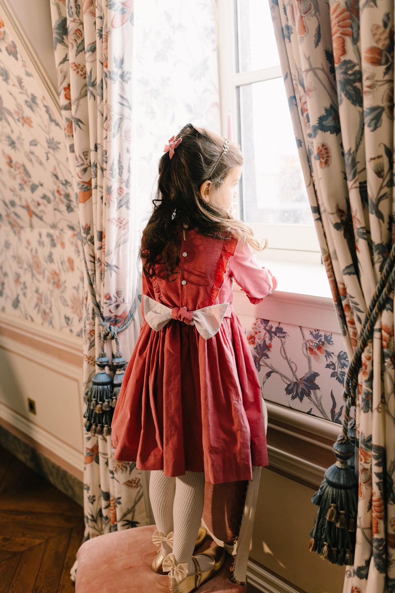 ANGELE PINK CORDUROY FRILLED LONG SLEEVE SMOCKED DRESS