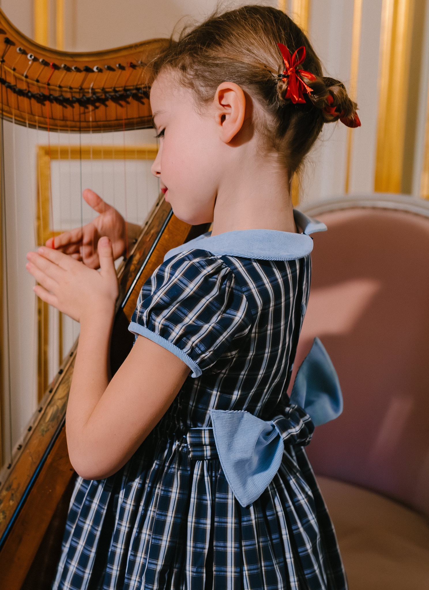 ANGELICA NAVY TARTAN SHORT SLEEVE SMOCKED DRESS