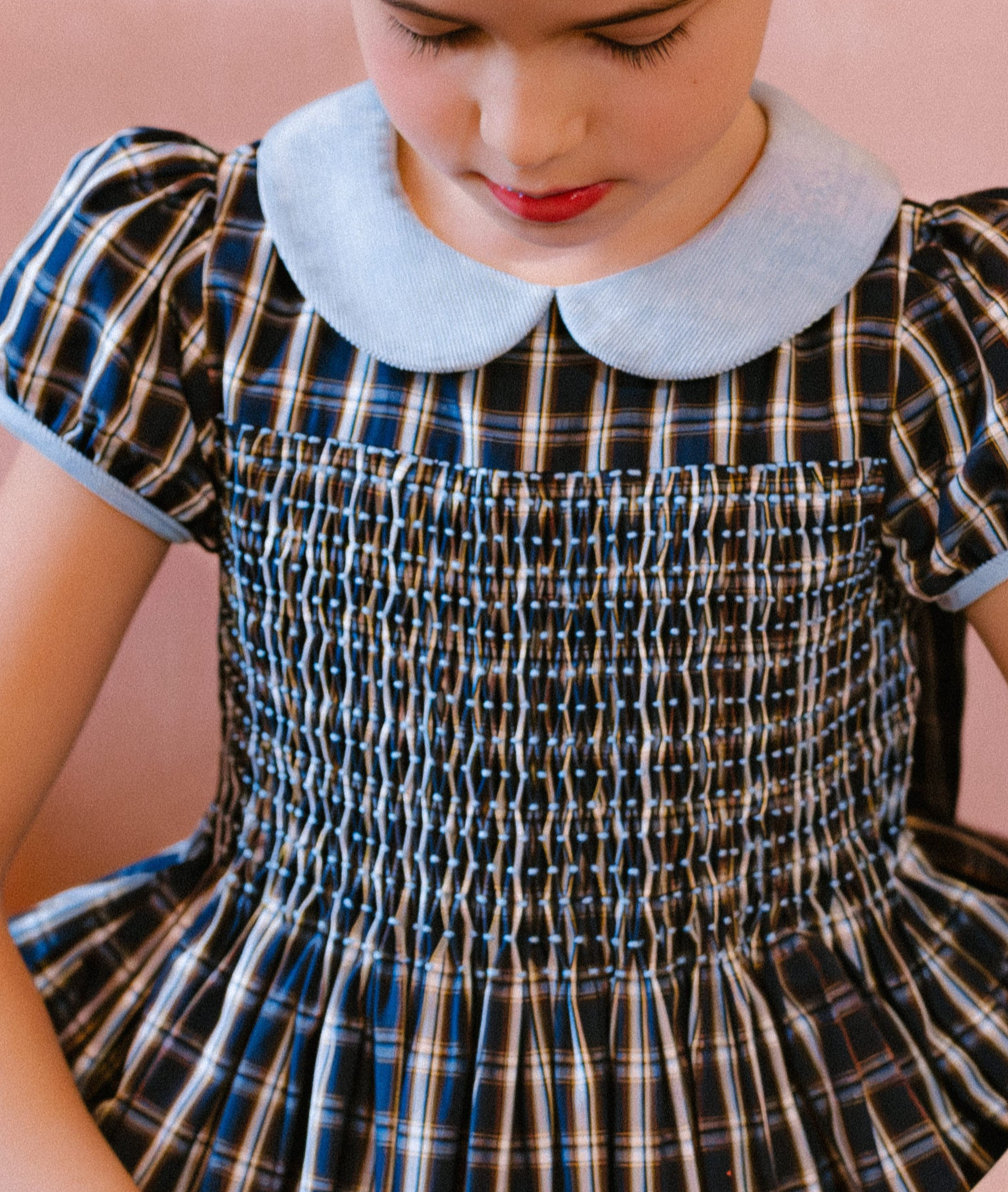 ANGELICA NAVY TARTAN SHORT SLEEVE SMOCKED DRESS