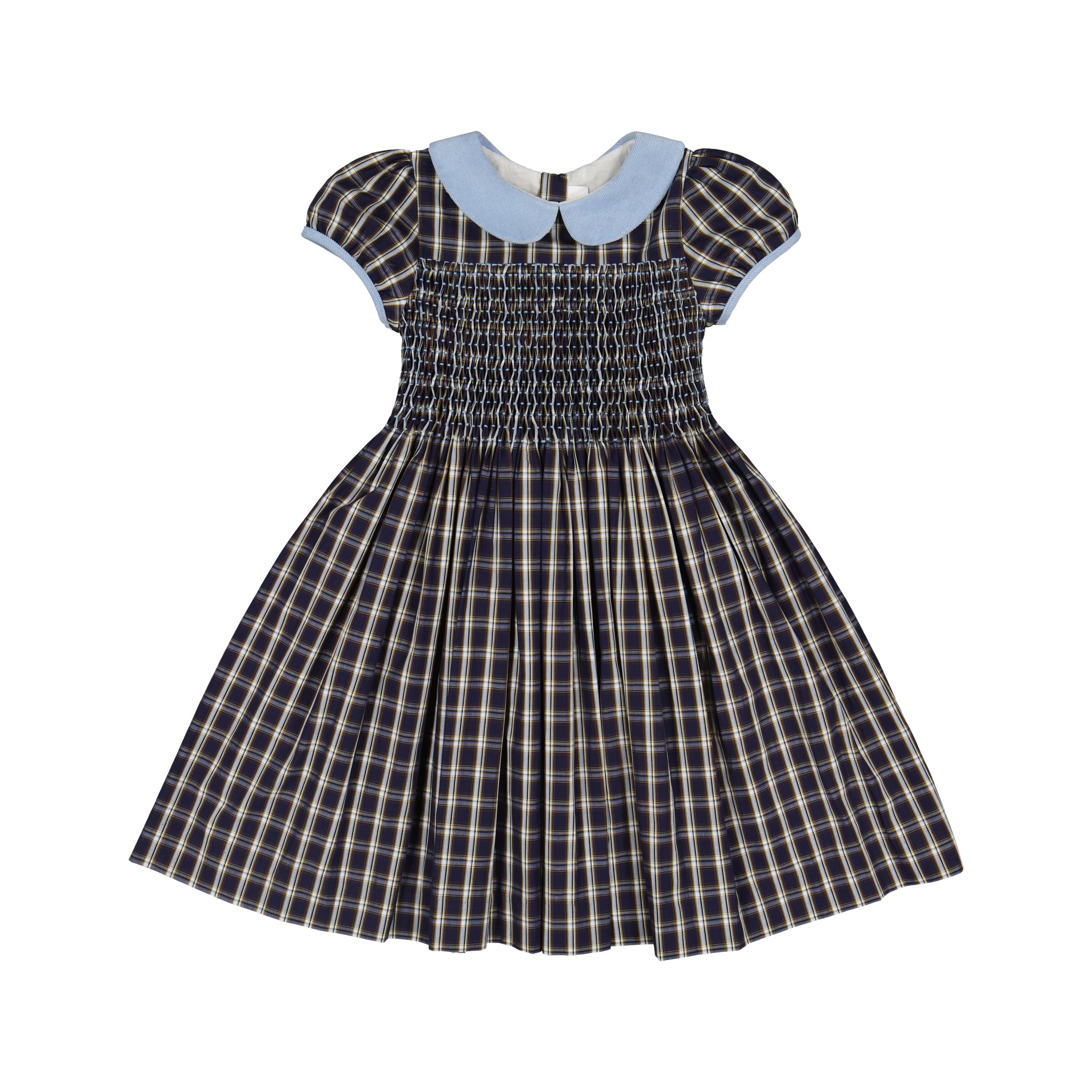 ANGELICA NAVY TARTAN SHORT SLEEVE SMOCKED DRESS