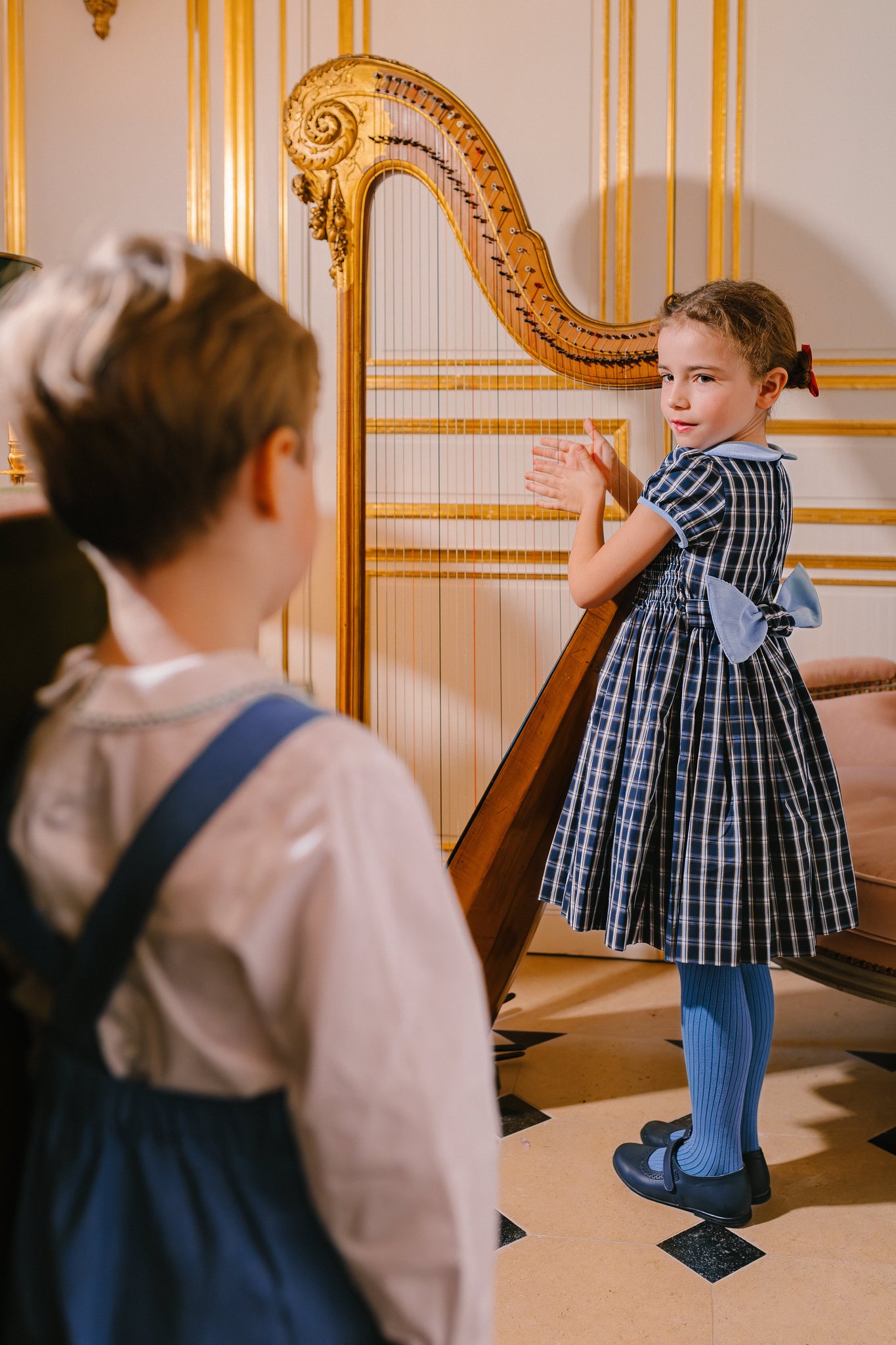 ANGELICA NAVY TARTAN SHORT SLEEVE SMOCKED DRESS