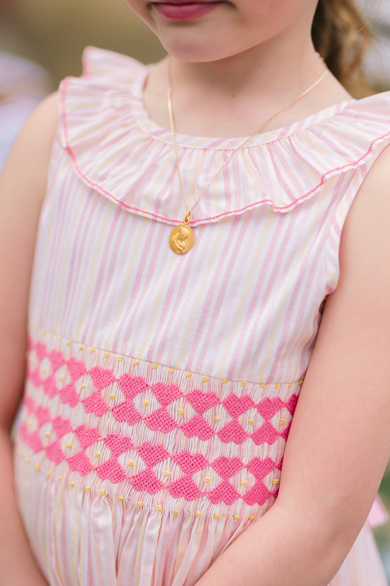 Capucine Pink Yellow Stripe Sleeveless Smocked Dress