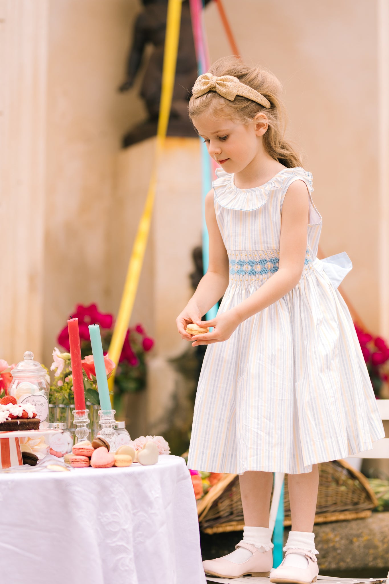 Capucine Blue Yellow Stripe Sleeveless Smocked Dress