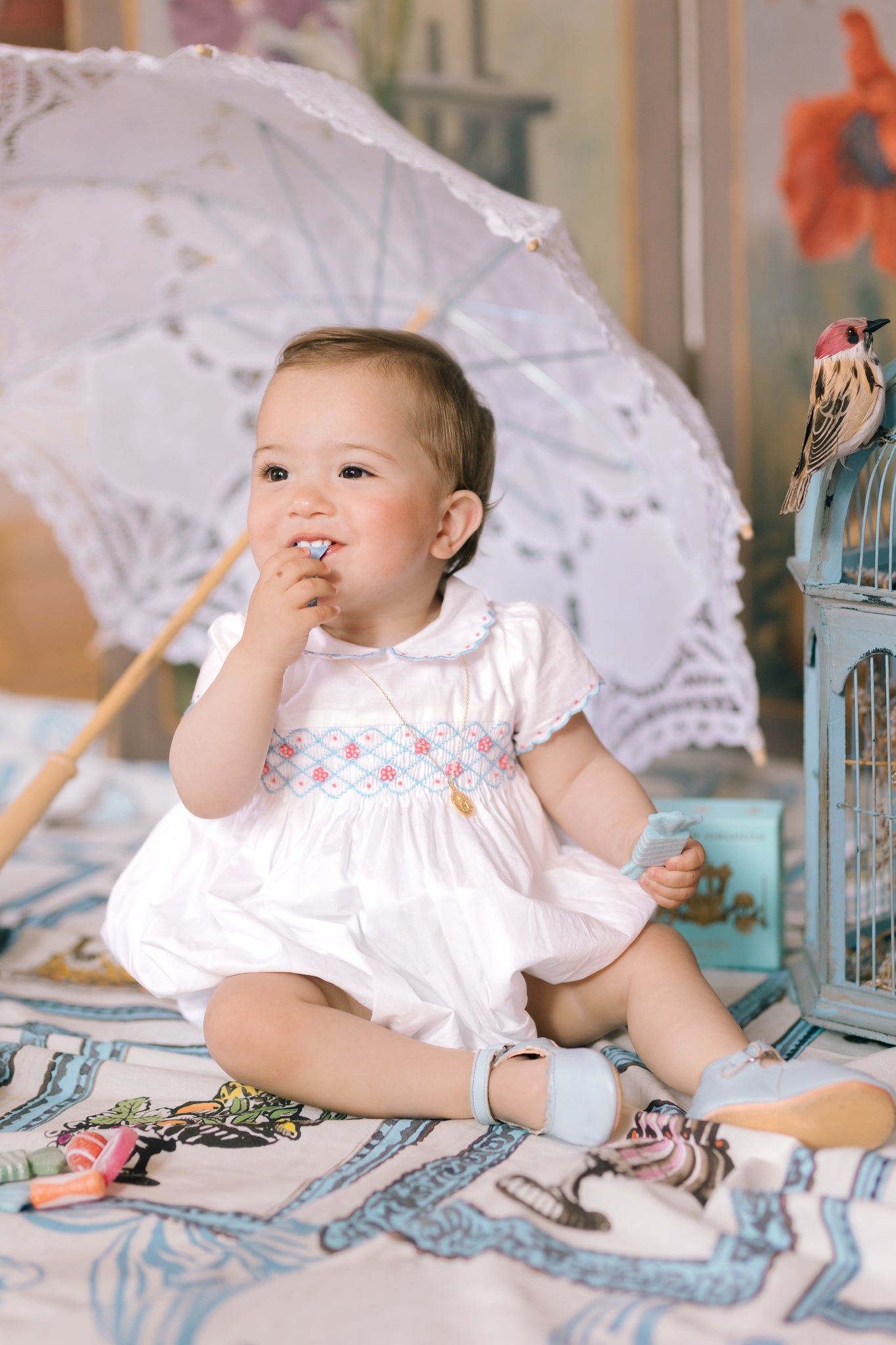 Cassis White Short Sleeve Smocked Romper