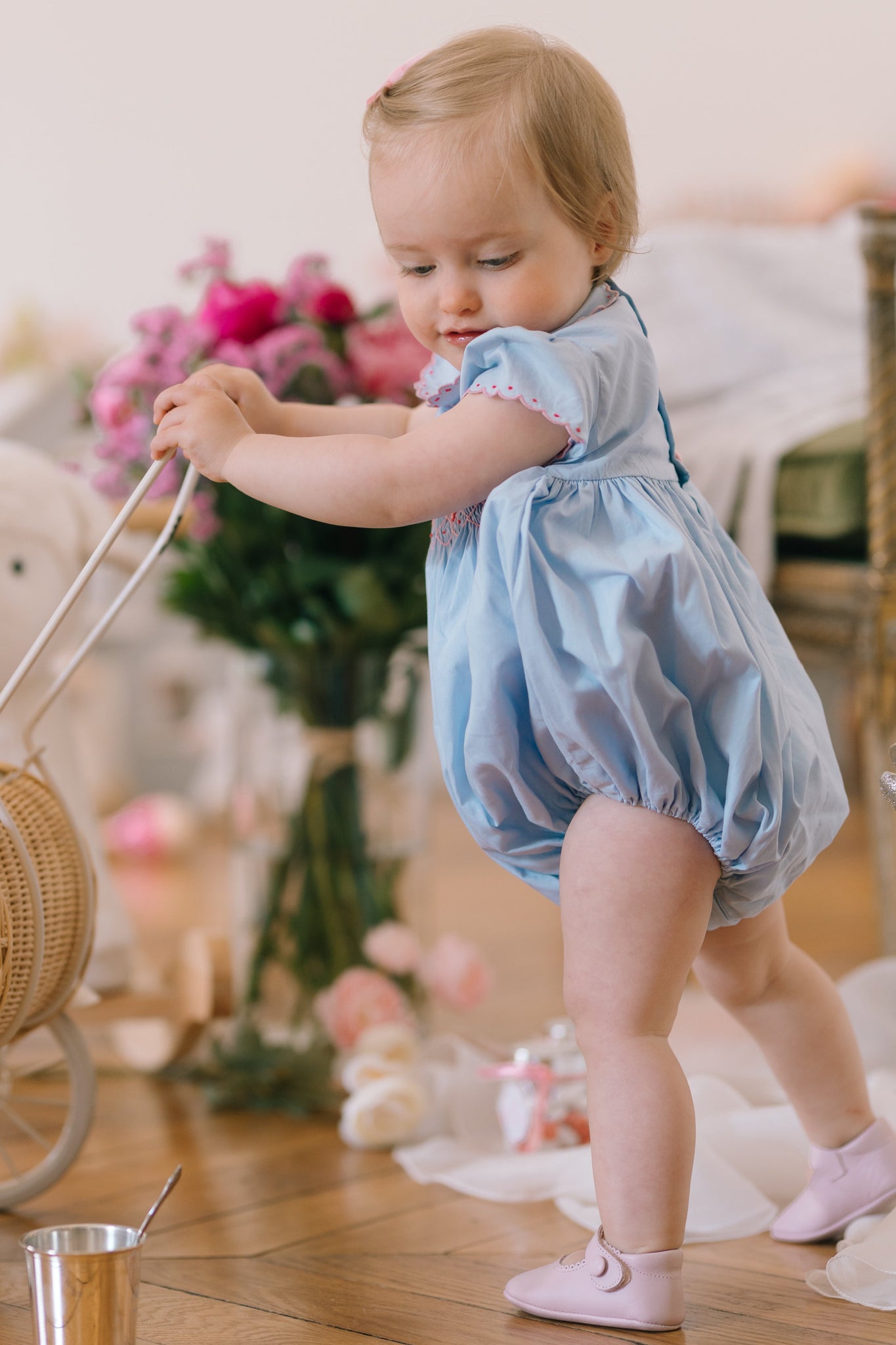 Cassis Blue Short Sleeve Smocked Romper