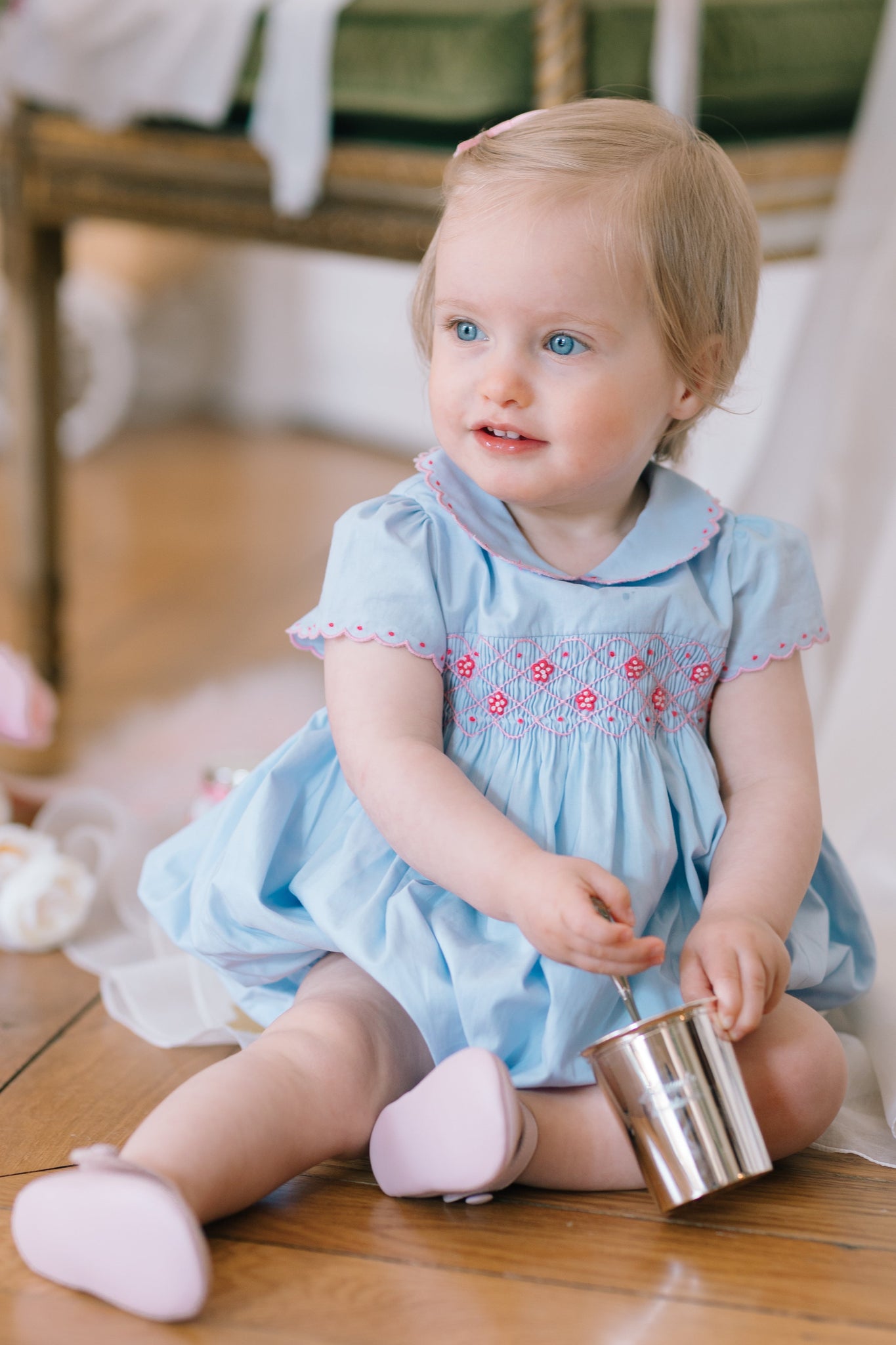 Cassis Blue Short Sleeve Smocked Romper