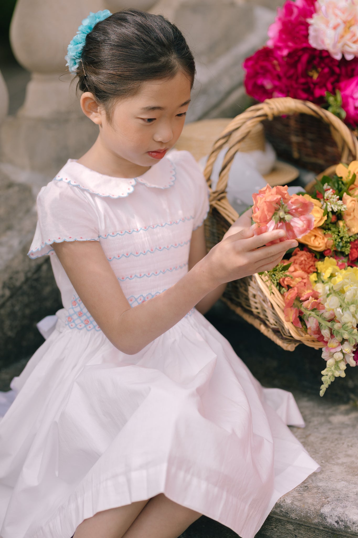 Cassis White Short Sleeve Smocked Dress