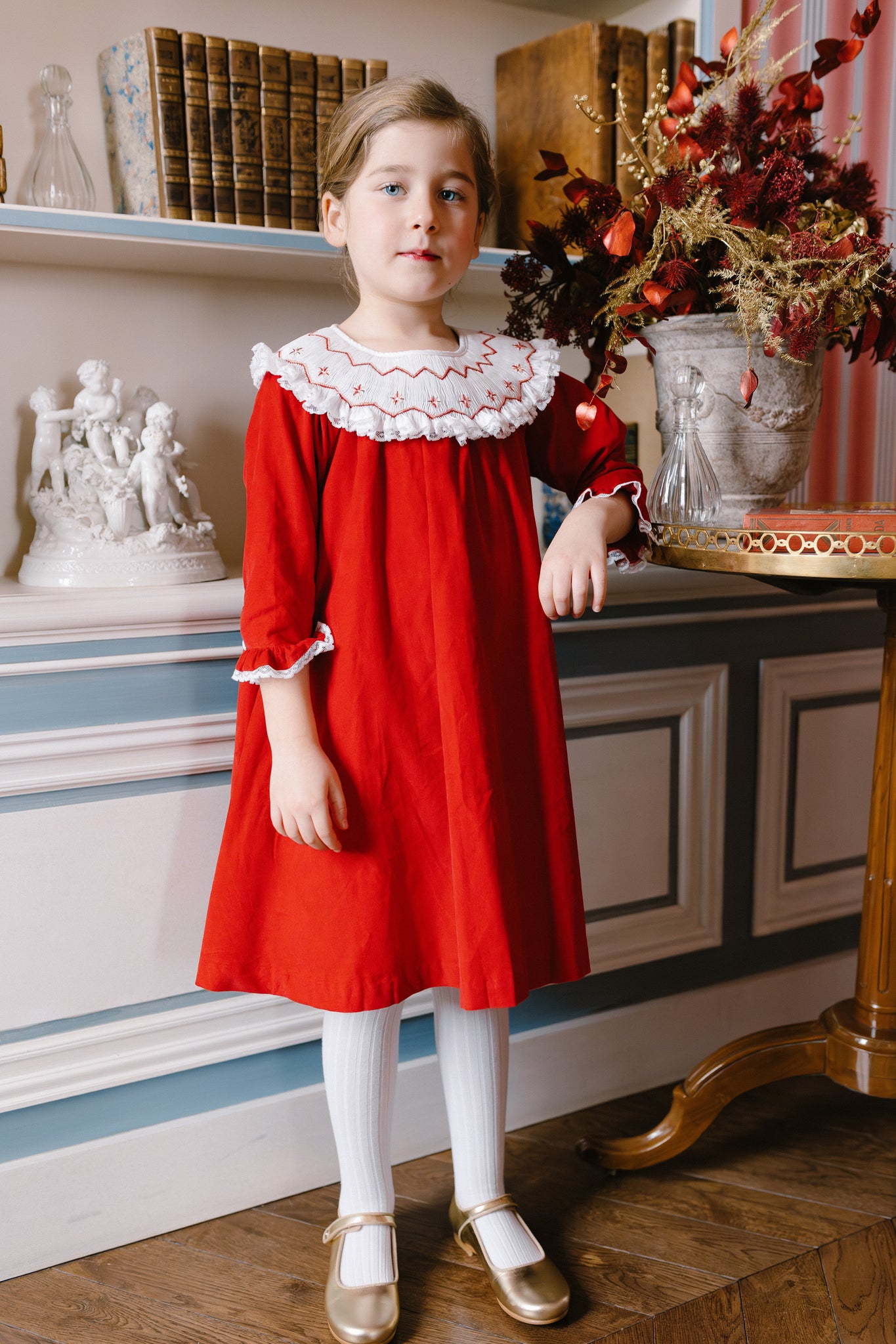 CELESTE RED CORDUROY LONG SLEEVE BISHOP DRESS