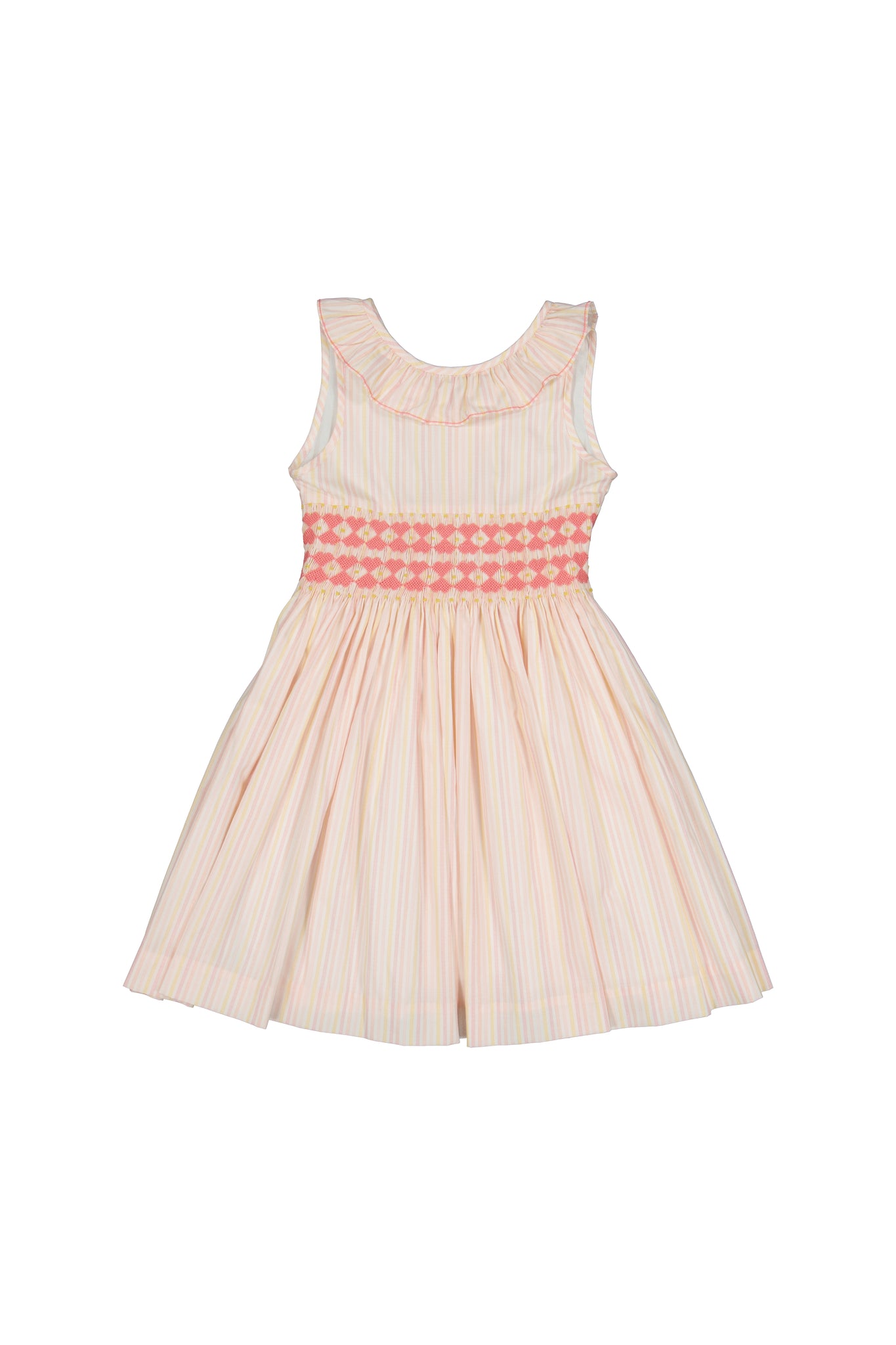 Capucine Pink Yellow Stripe Sleeveless Smocked Dress