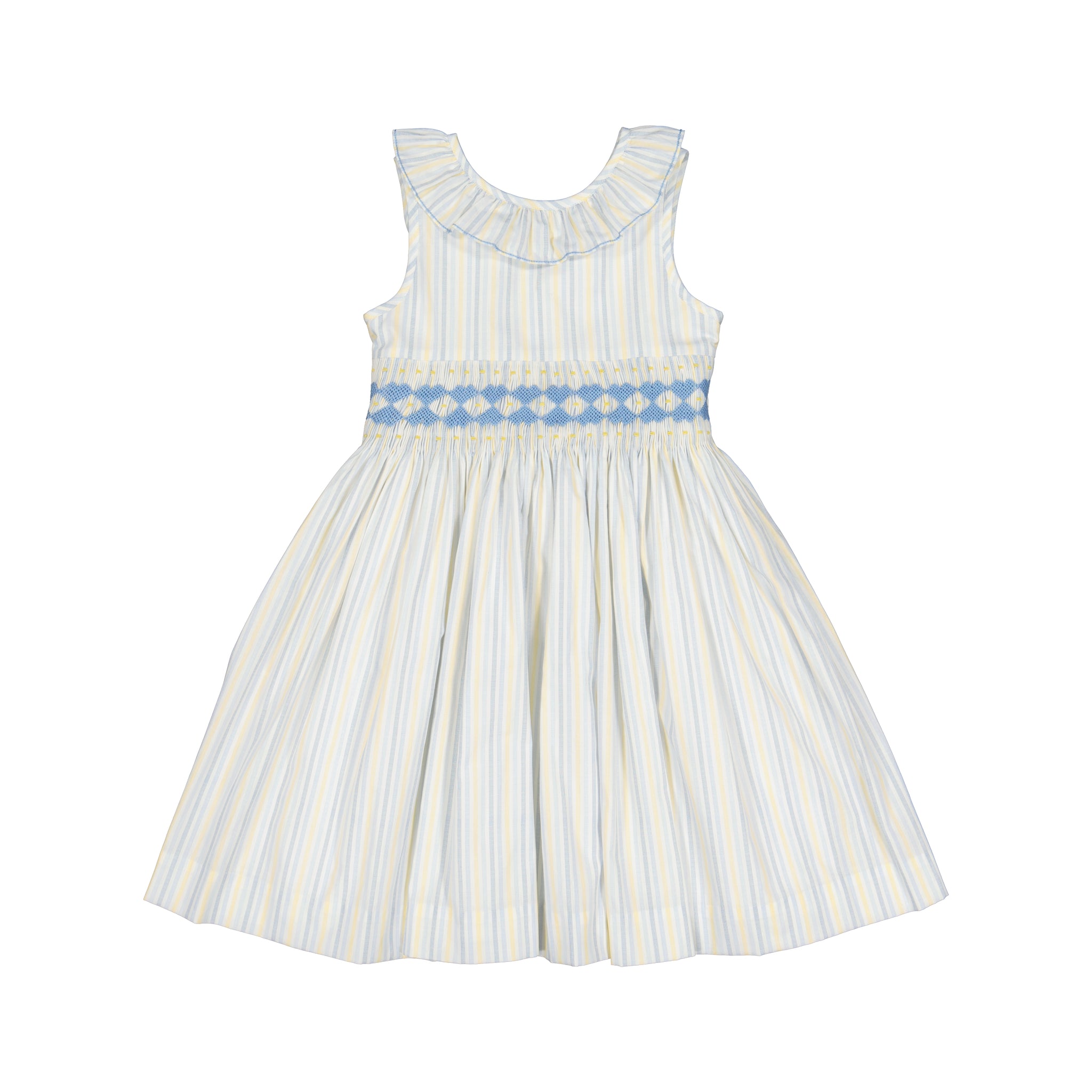 Capucine Blue Yellow Stripe Sleeveless Smocked Dress