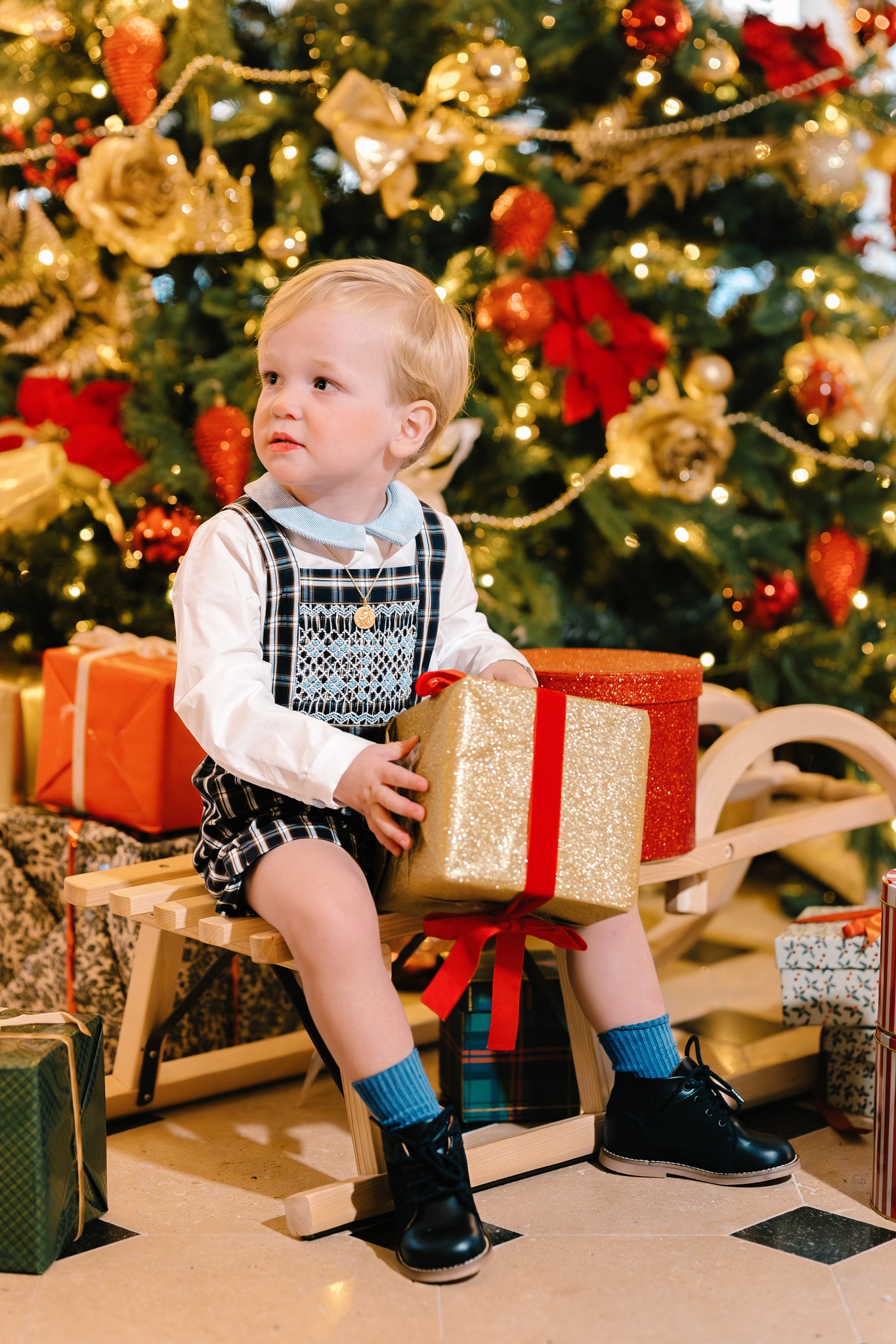 GEORGE NAVY TARTAN BOY DUNGAREE & SHIRT