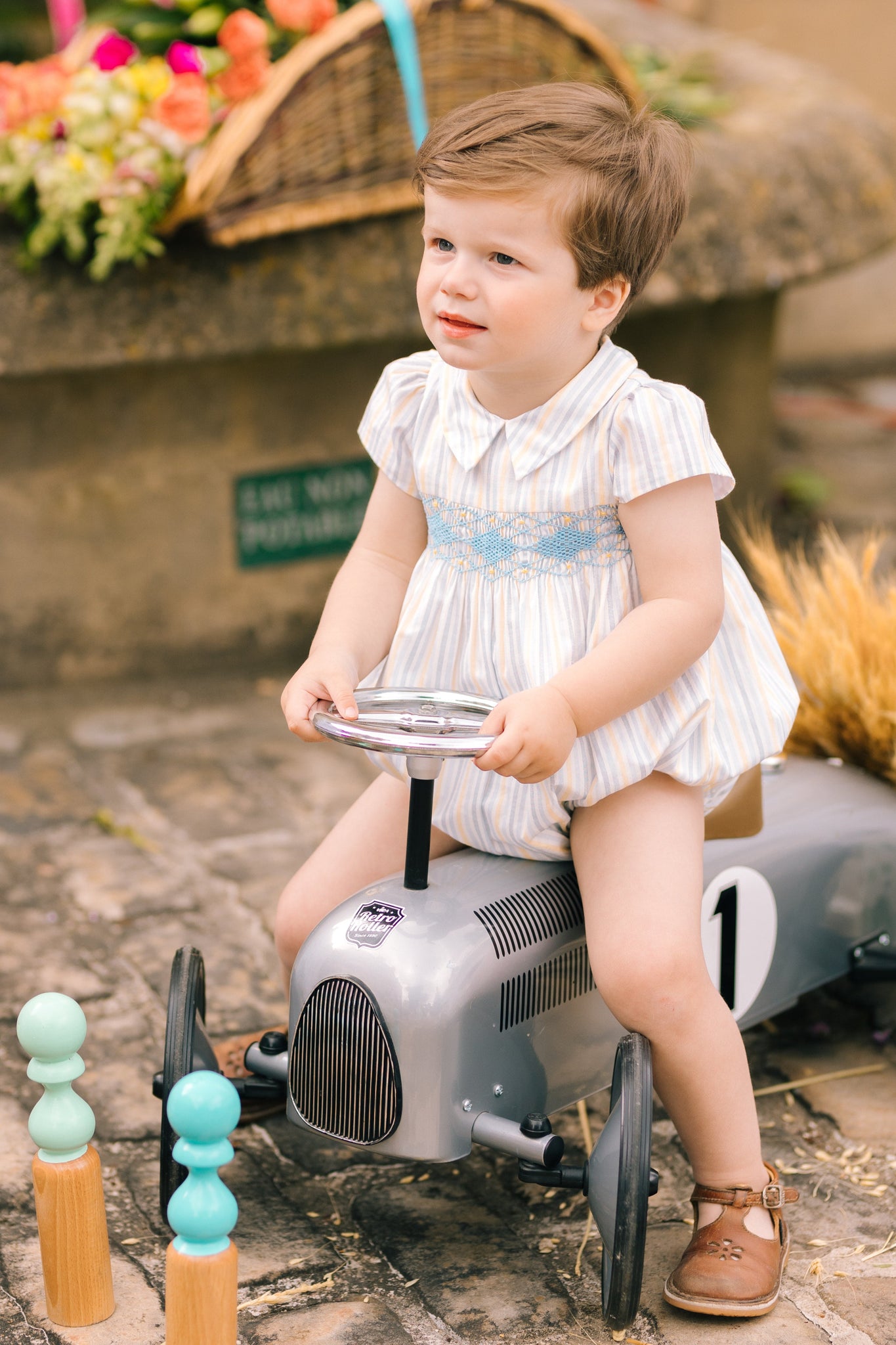 George Yellow Blue Stripe Smocked Bubble Romper