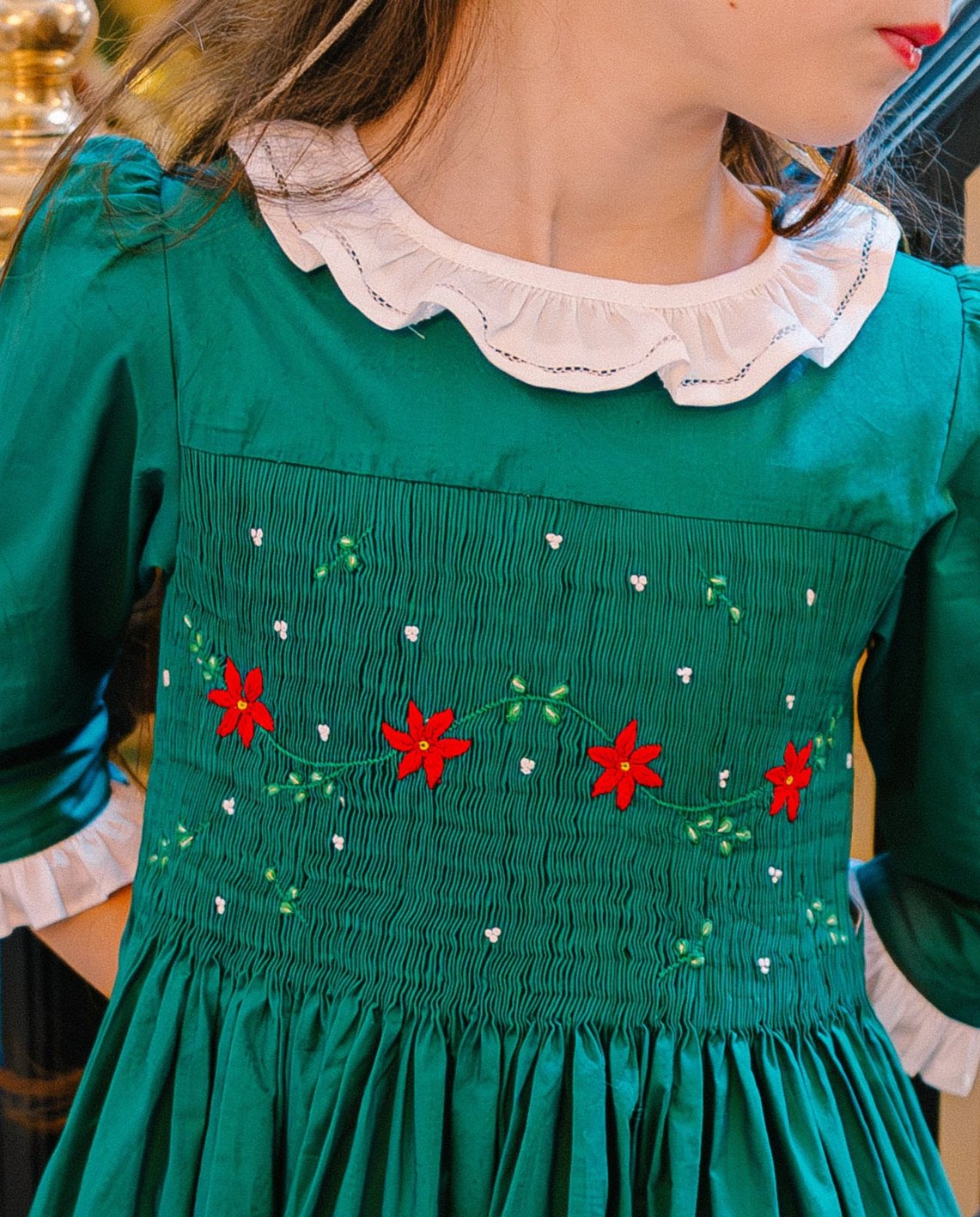 HEIDI GREEN WINTER LONG SLEEVE SMOCKED DRESS