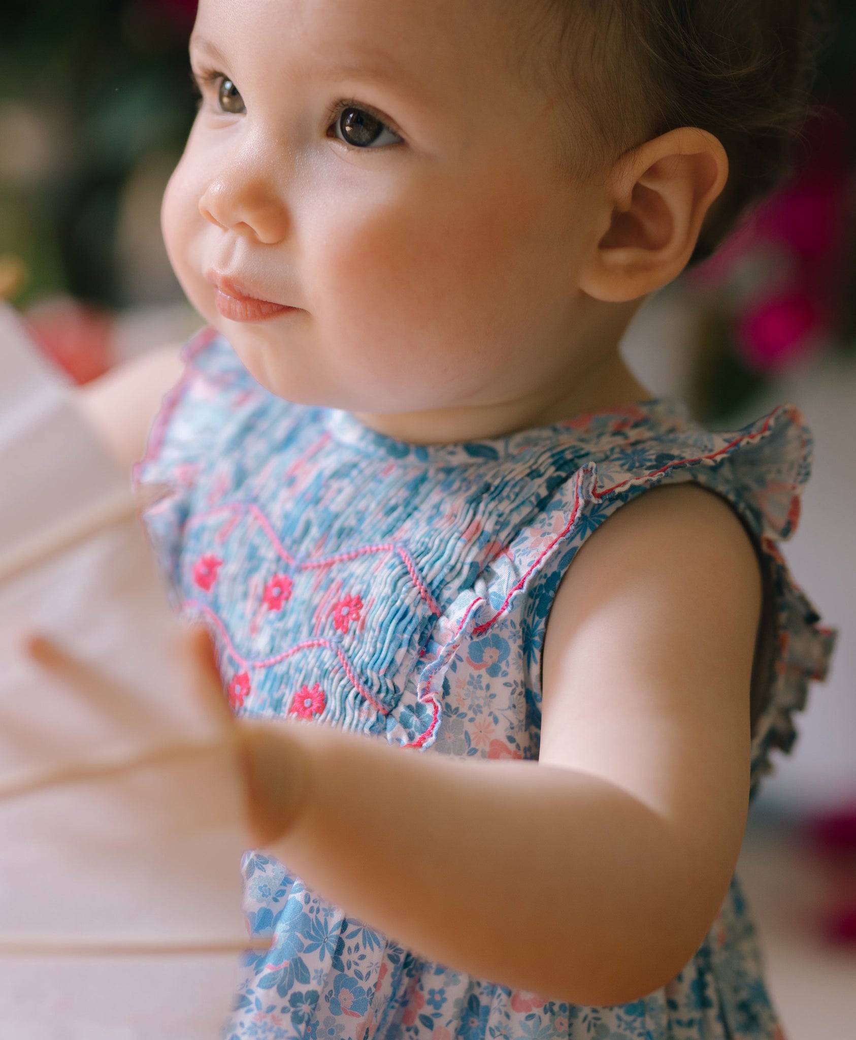 Marguerite Floral Blue Frilled Sleeveless Smocked Romper