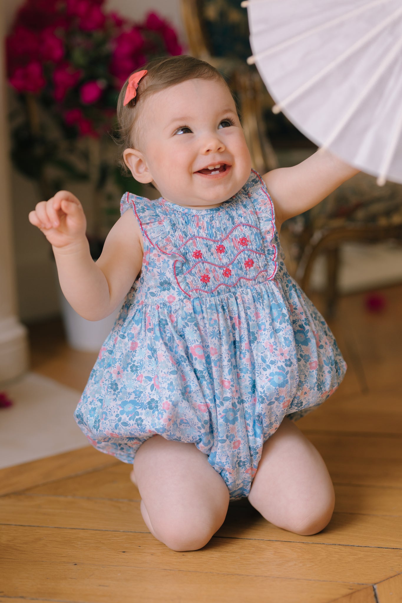 Marguerite Floral Blue Frilled Sleeveless Smocked Romper