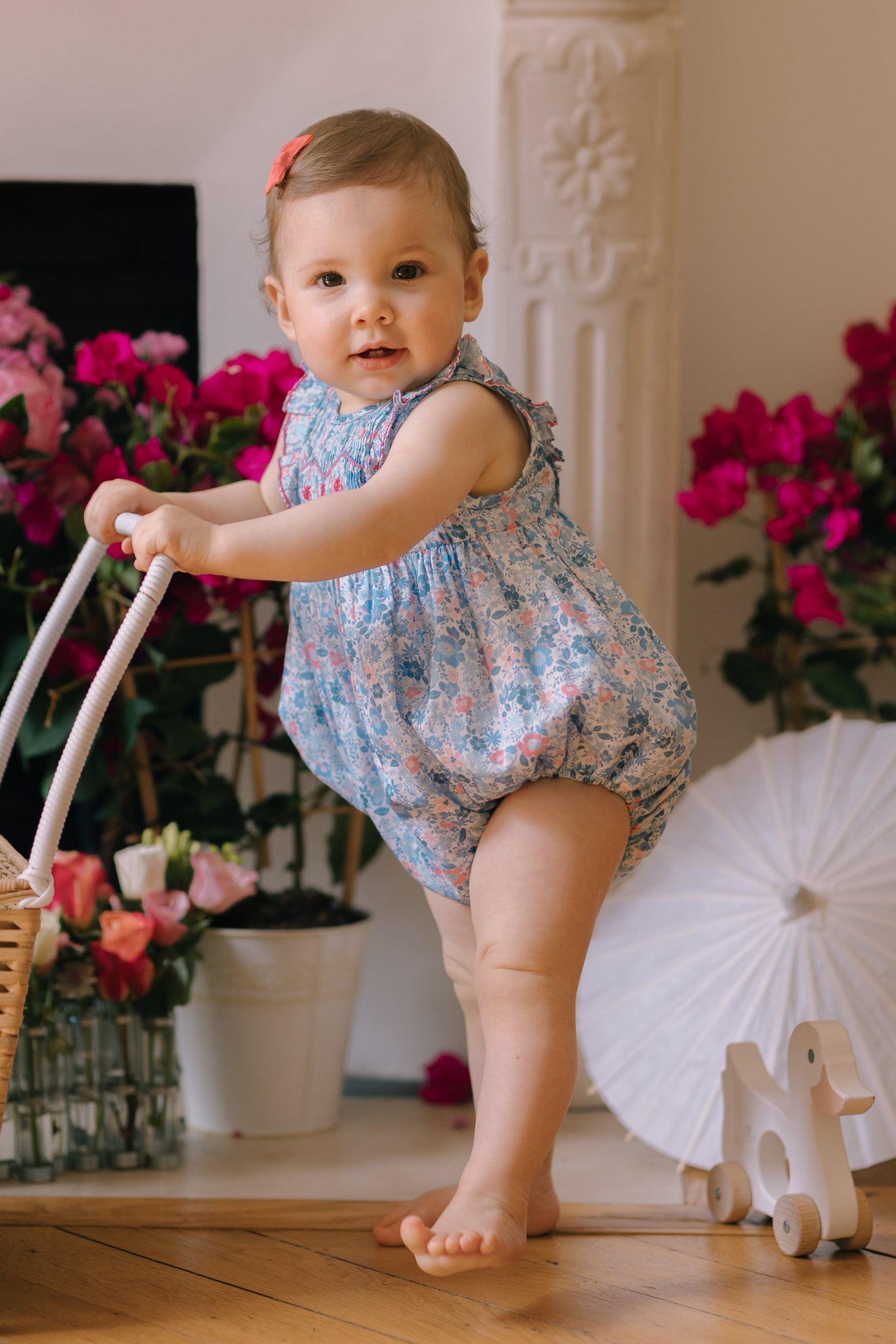 Marguerite Floral Blue Frilled Sleeveless Smocked Romper