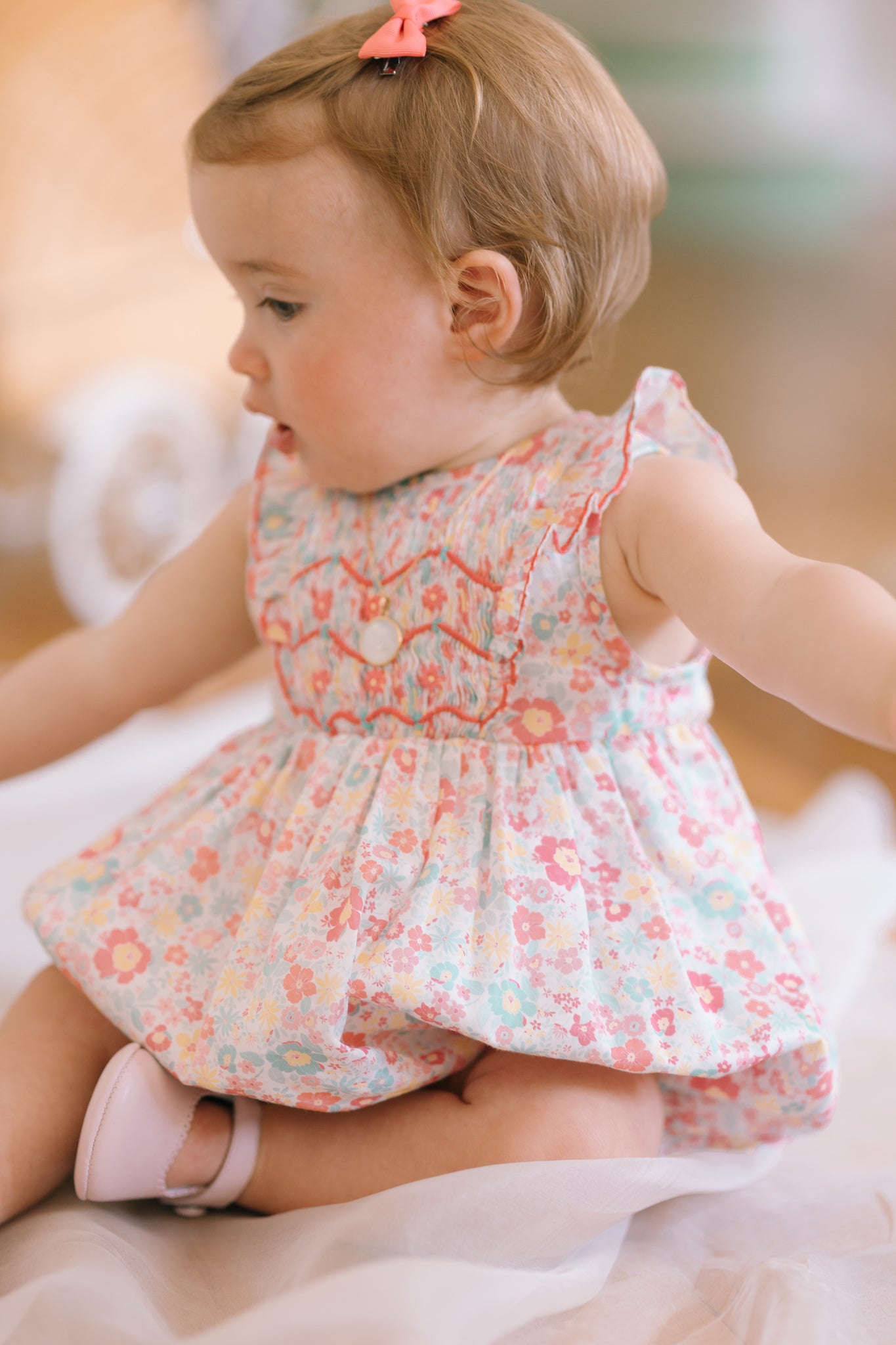 Marguerite Floral Pink Frilled Sleeveless Smocked Romper