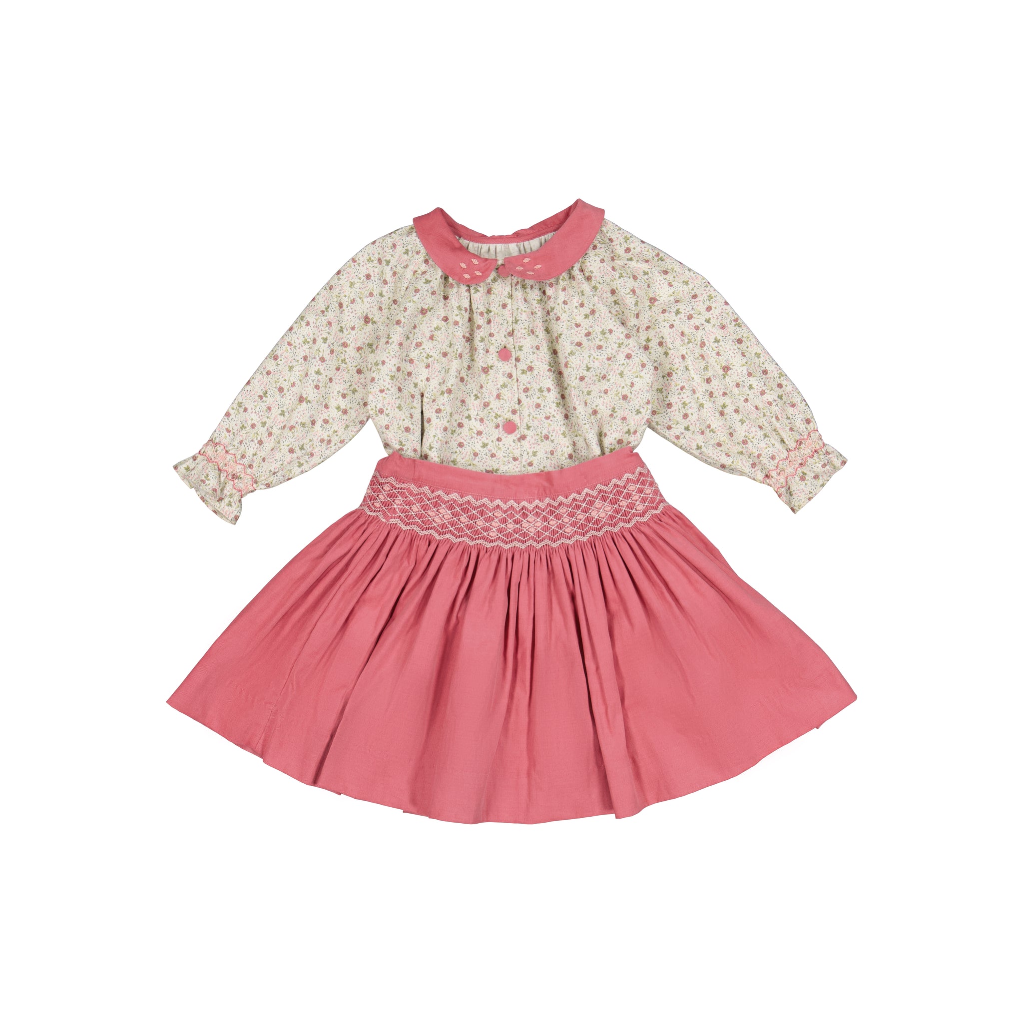 MARIE PINK FLORAL SMOCKED SKIRT & BLOUSE