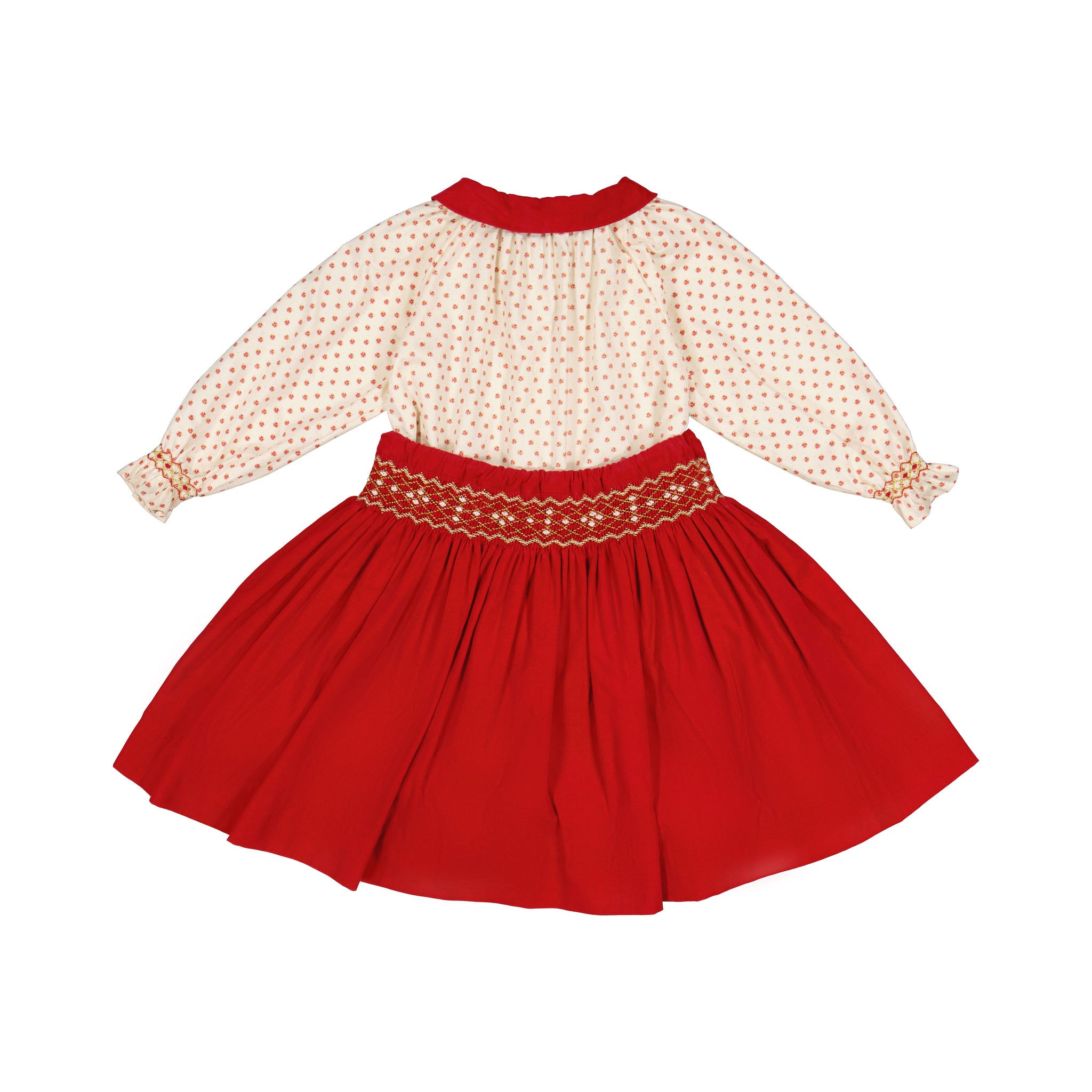 MARIE RED SMOCKED SKIRT & BLOUSE