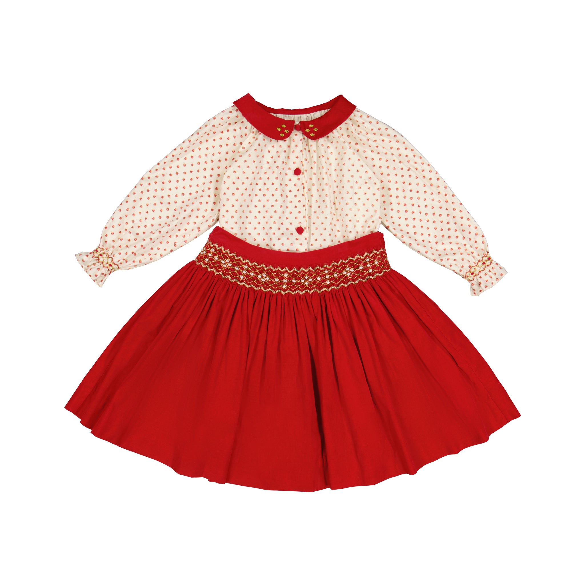 MARIE RED SMOCKED SKIRT & BLOUSE