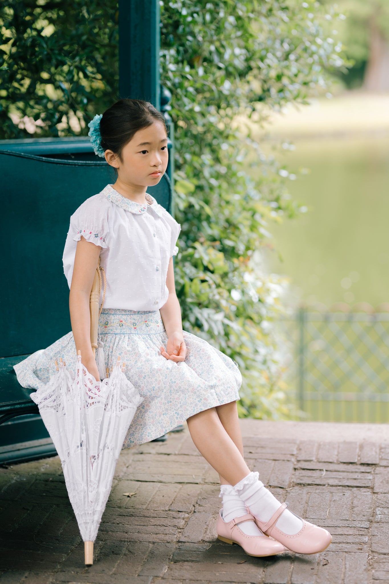 Marie Floral Blue Skirt & Short Sleeve Blouse