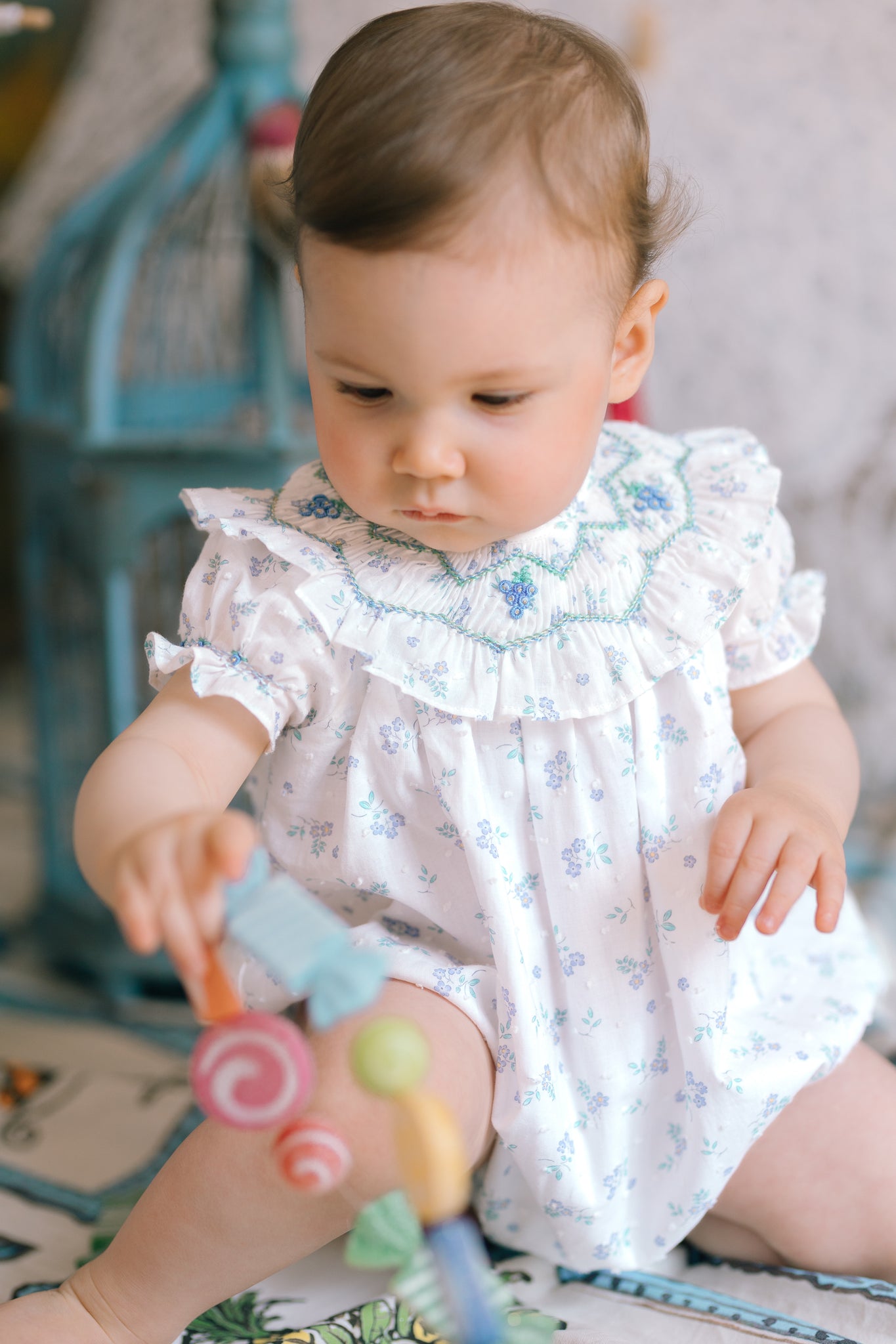 Myrtille Blue Floral Short Sleeve Bishop Romper