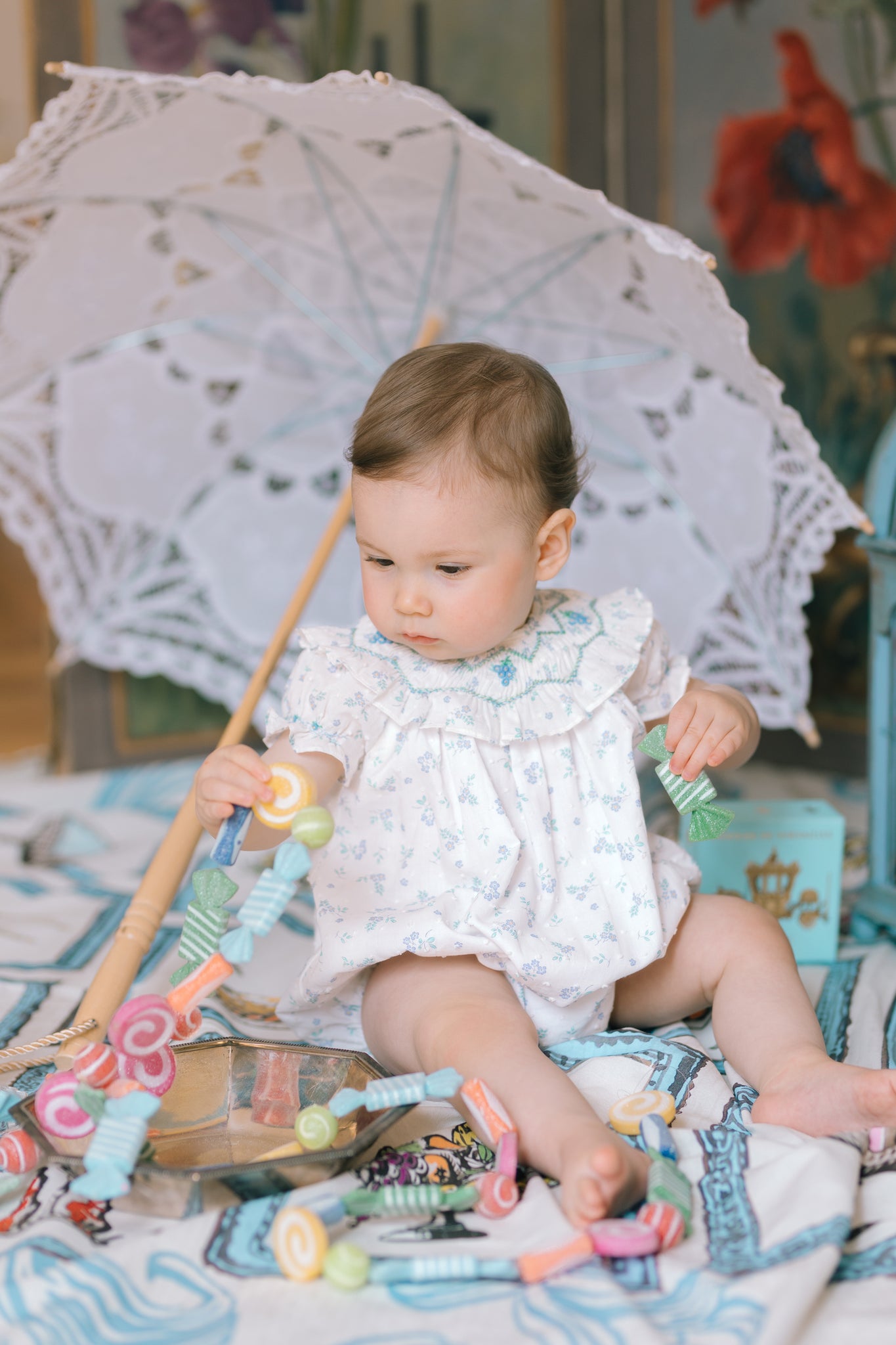 Myrtille Blue Floral Short Sleeve Bishop Romper