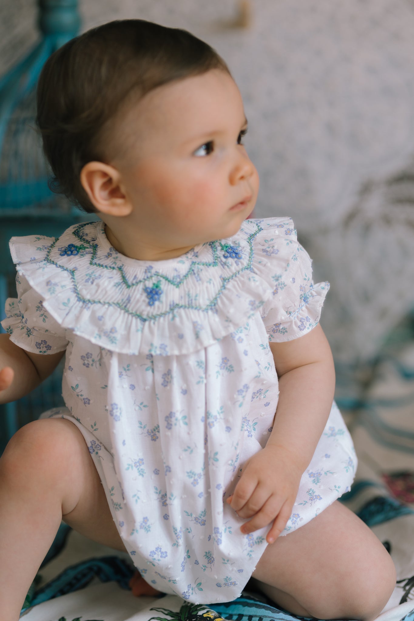 Myrtille Blue Floral Short Sleeve Bishop Romper