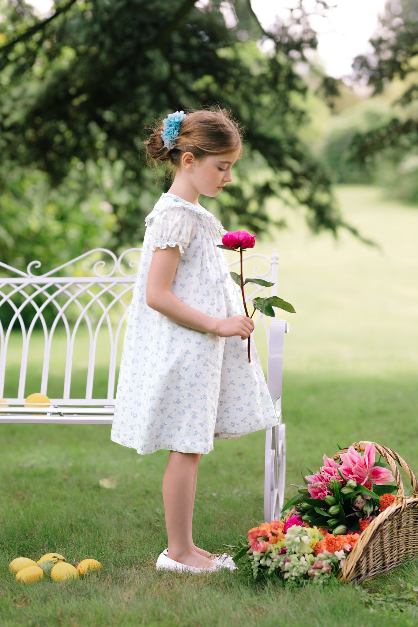 Myrtille Blue Floral Short Sleeve Bishop Dress