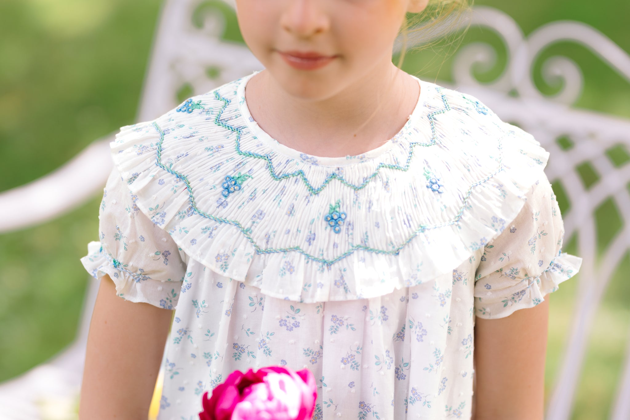 Myrtille Blue Floral Short Sleeve Bishop Dress