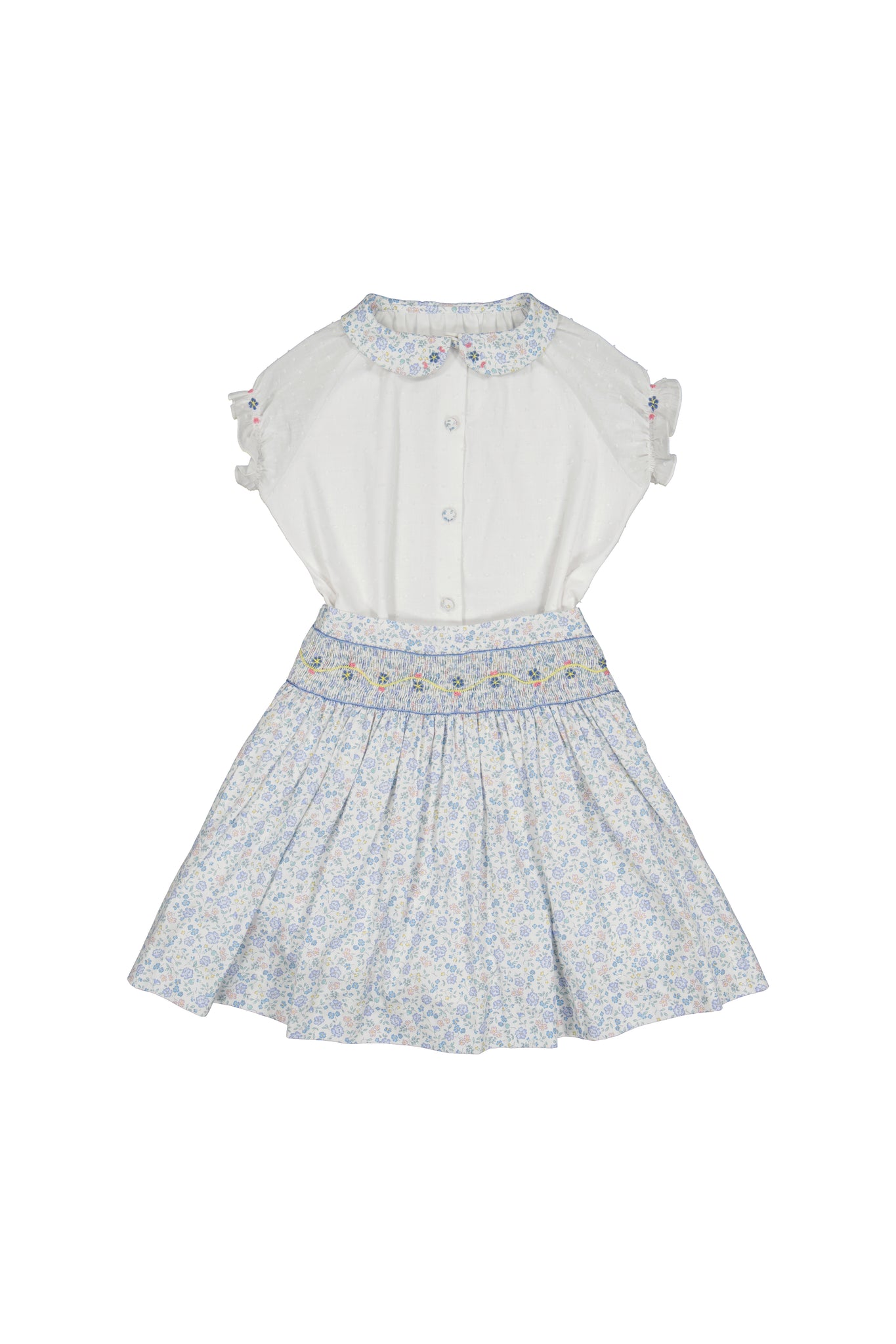 Marie Floral Blue Skirt & Short Sleeve Blouse