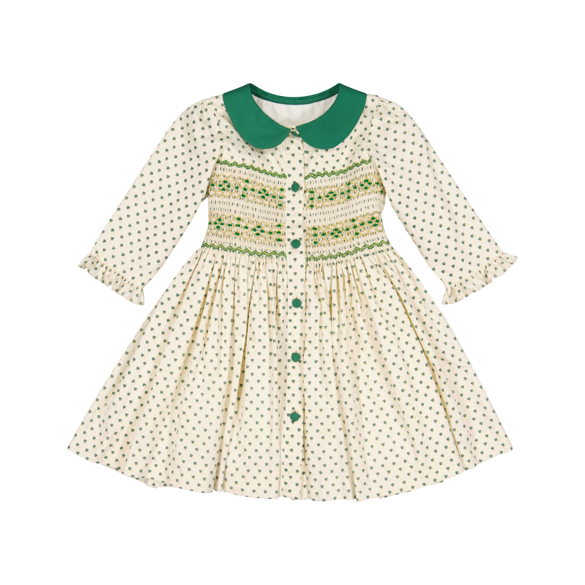 OLYMPE GREEN LONG SLEEVE SMOCKED DRESS