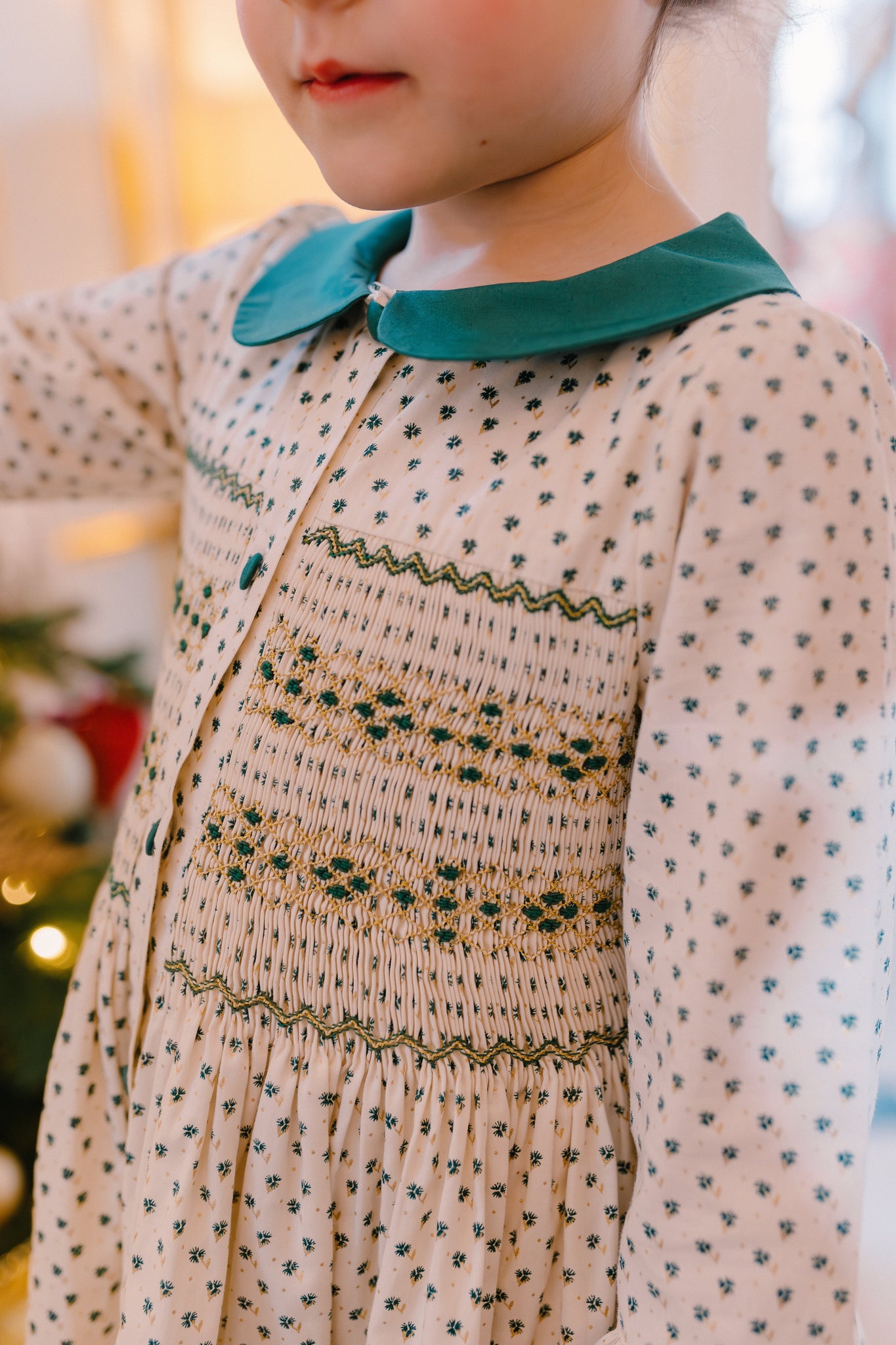 OLYMPE GREEN LONG SLEEVE SMOCKED DRESS