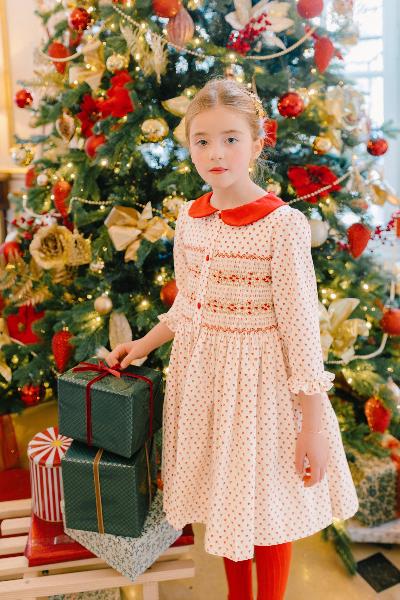 OLYMPE RED LONG SLEEVE SMOCKED DRESS