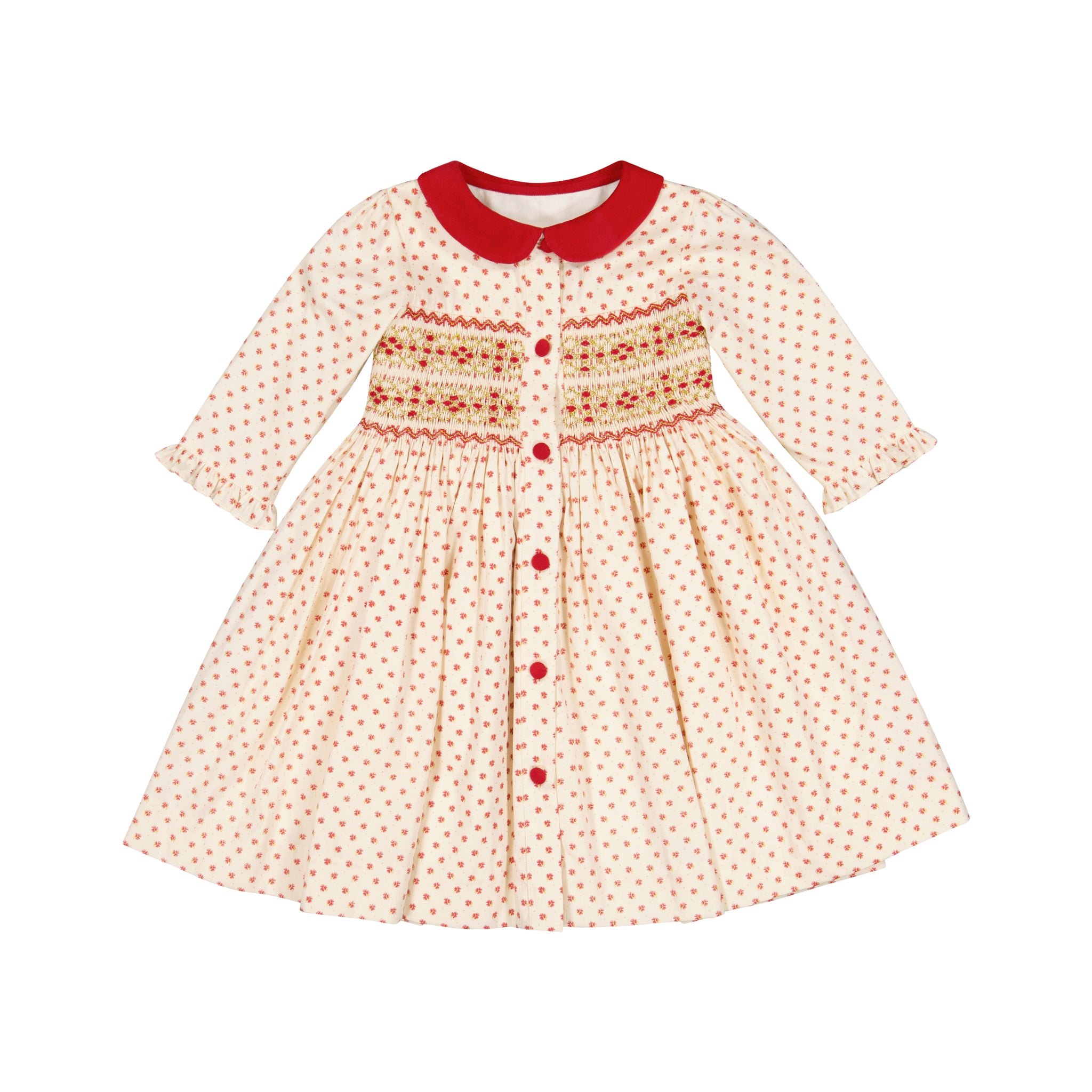 OLYMPE RED LONG SLEEVE SMOCKED DRESS