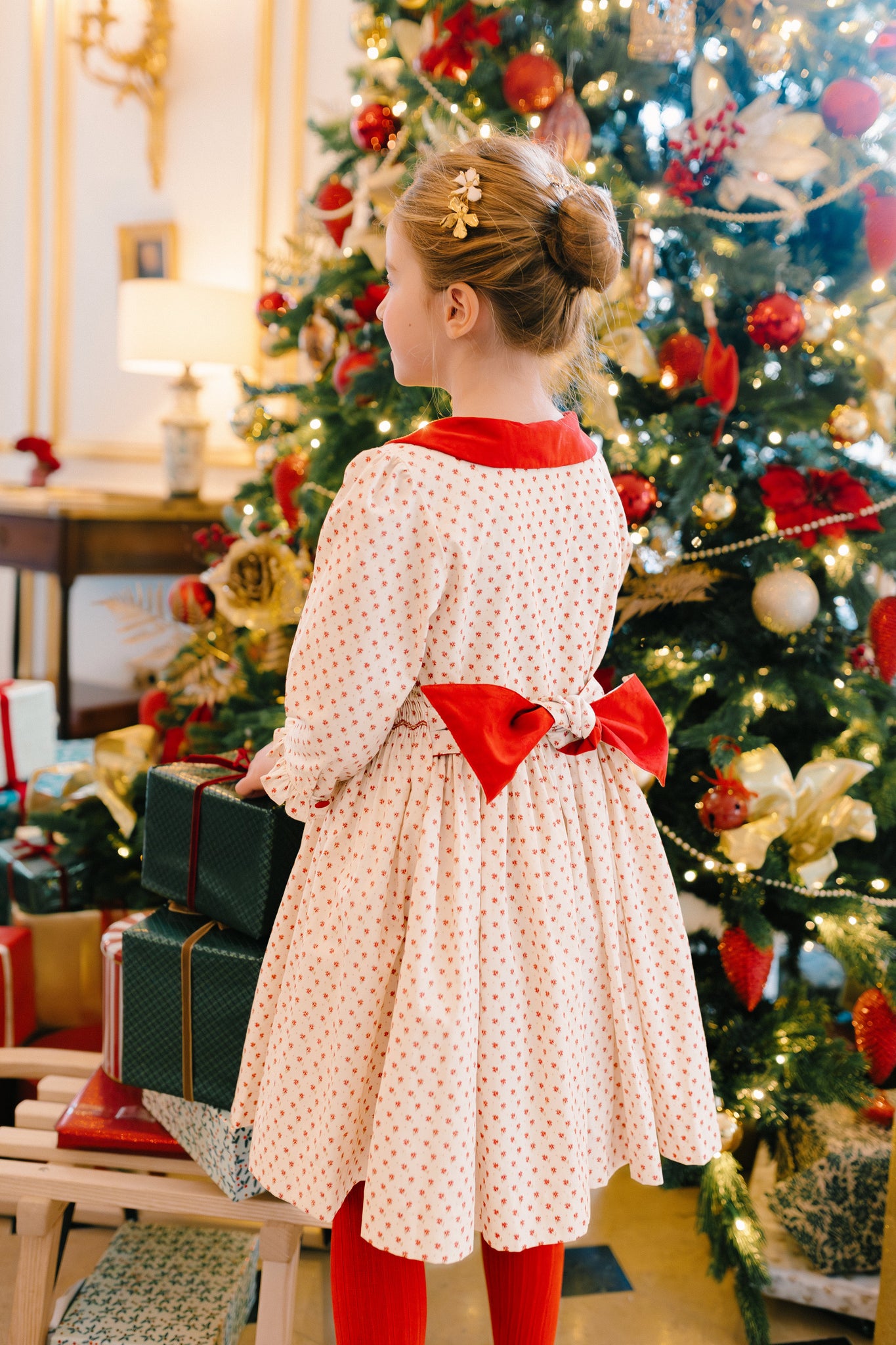 OLYMPE RED LONG SLEEVE SMOCKED DRESS