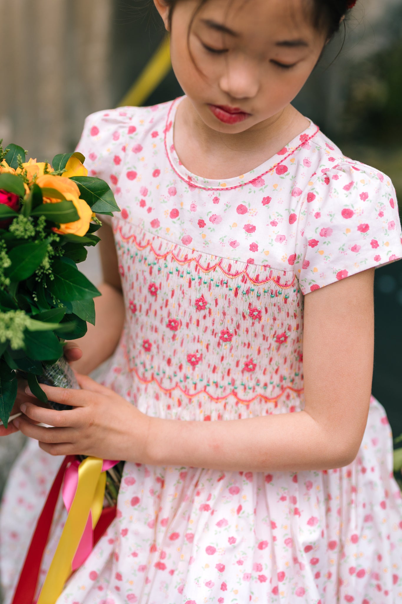 Poppy Pink Short Puff Sleeves Smocked Dress