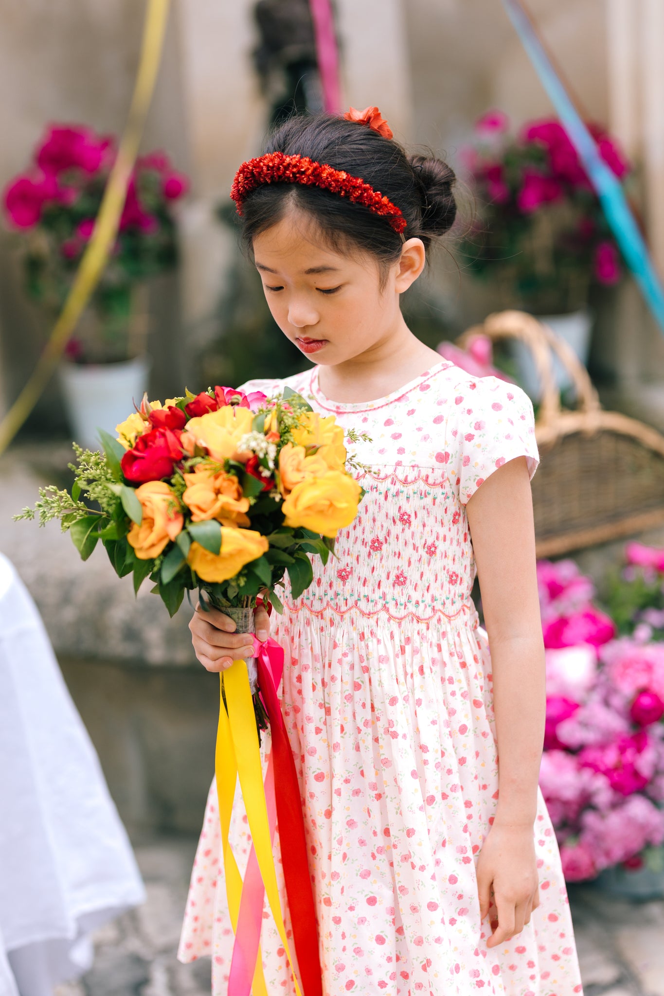 Poppy Pink Short Puff Sleeves Smocked Dress