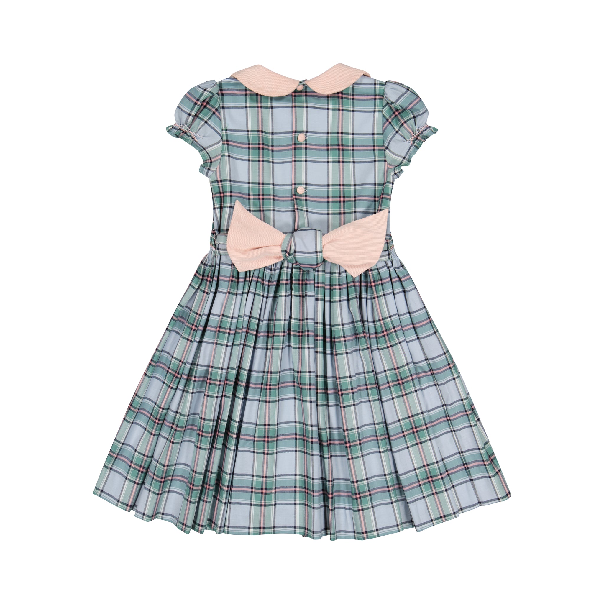 SHERAZADE GREEN/PINK TARTAN SHORT SLEEVE SMOCKED DRESS