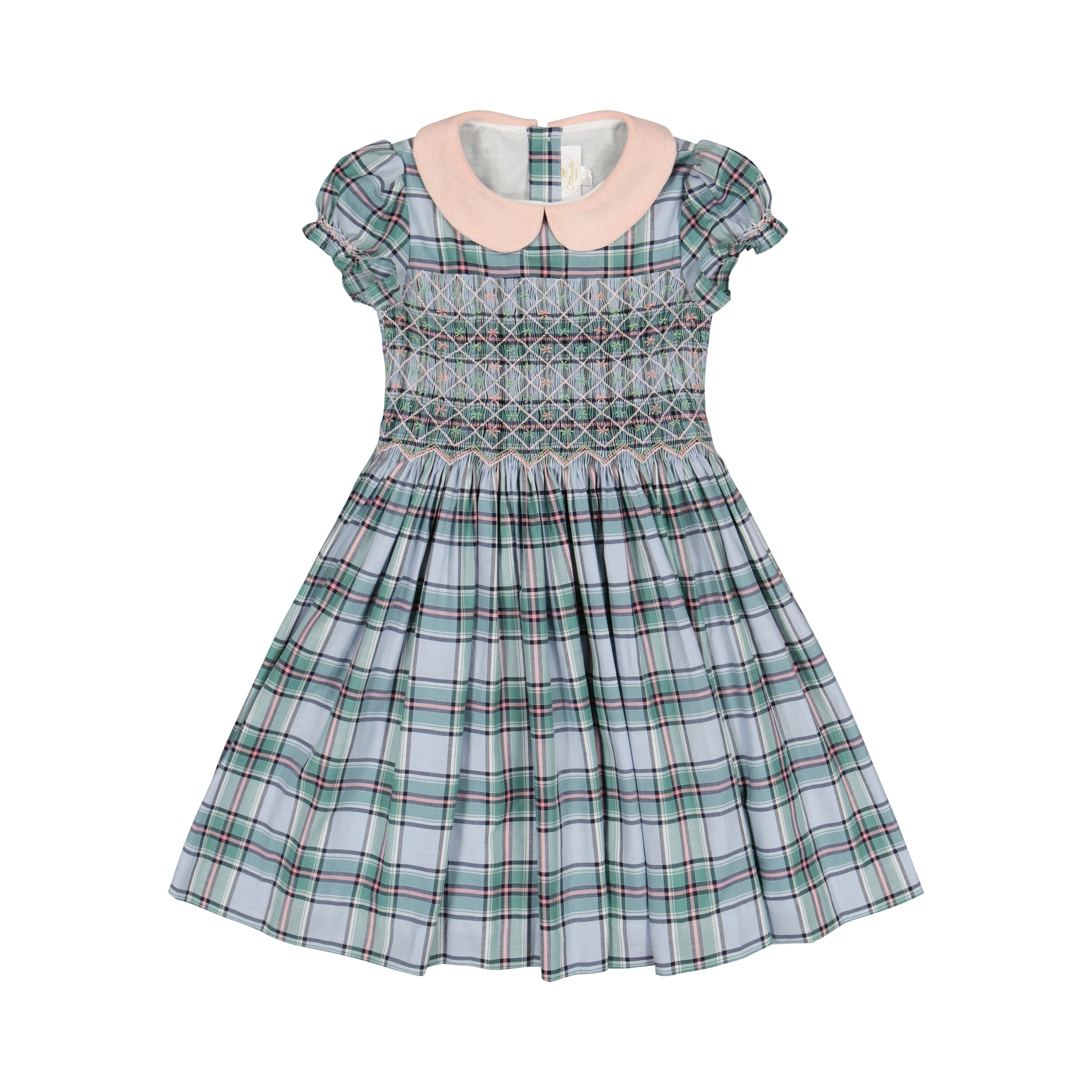 SHERAZADE GREEN/PINK TARTAN SHORT SLEEVE SMOCKED DRESS