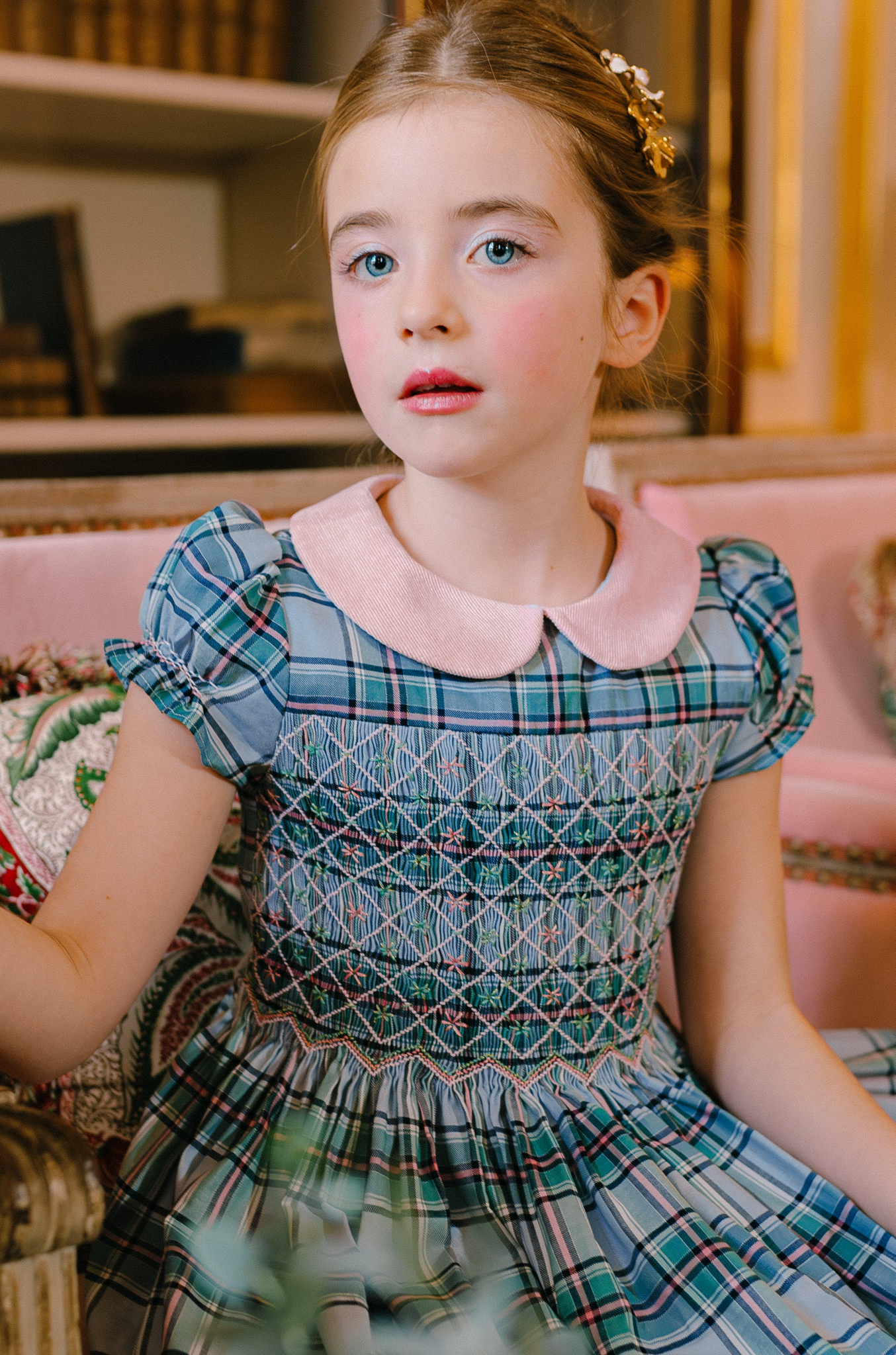 SHERAZADE GREEN/PINK TARTAN SHORT SLEEVE SMOCKED DRESS