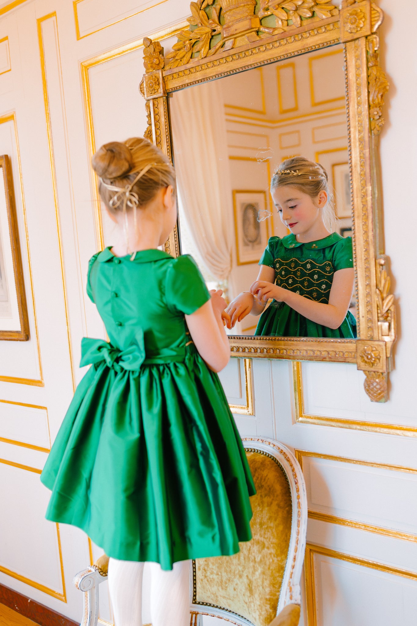 STELLA GREEN SILK SHORT SLEEVE SMOCKED DRESS