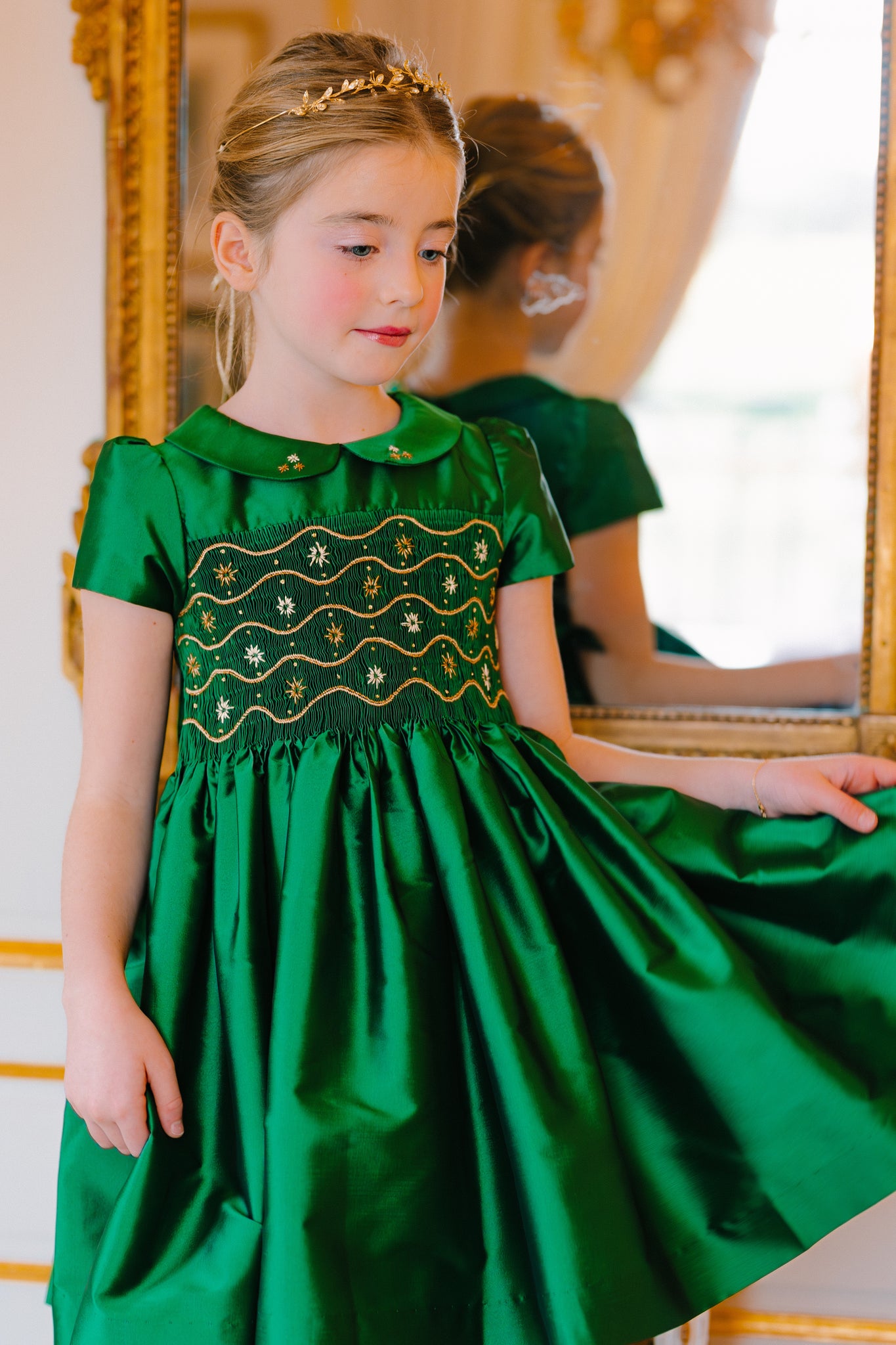 STELLA GREEN SILK SHORT SLEEVE SMOCKED DRESS