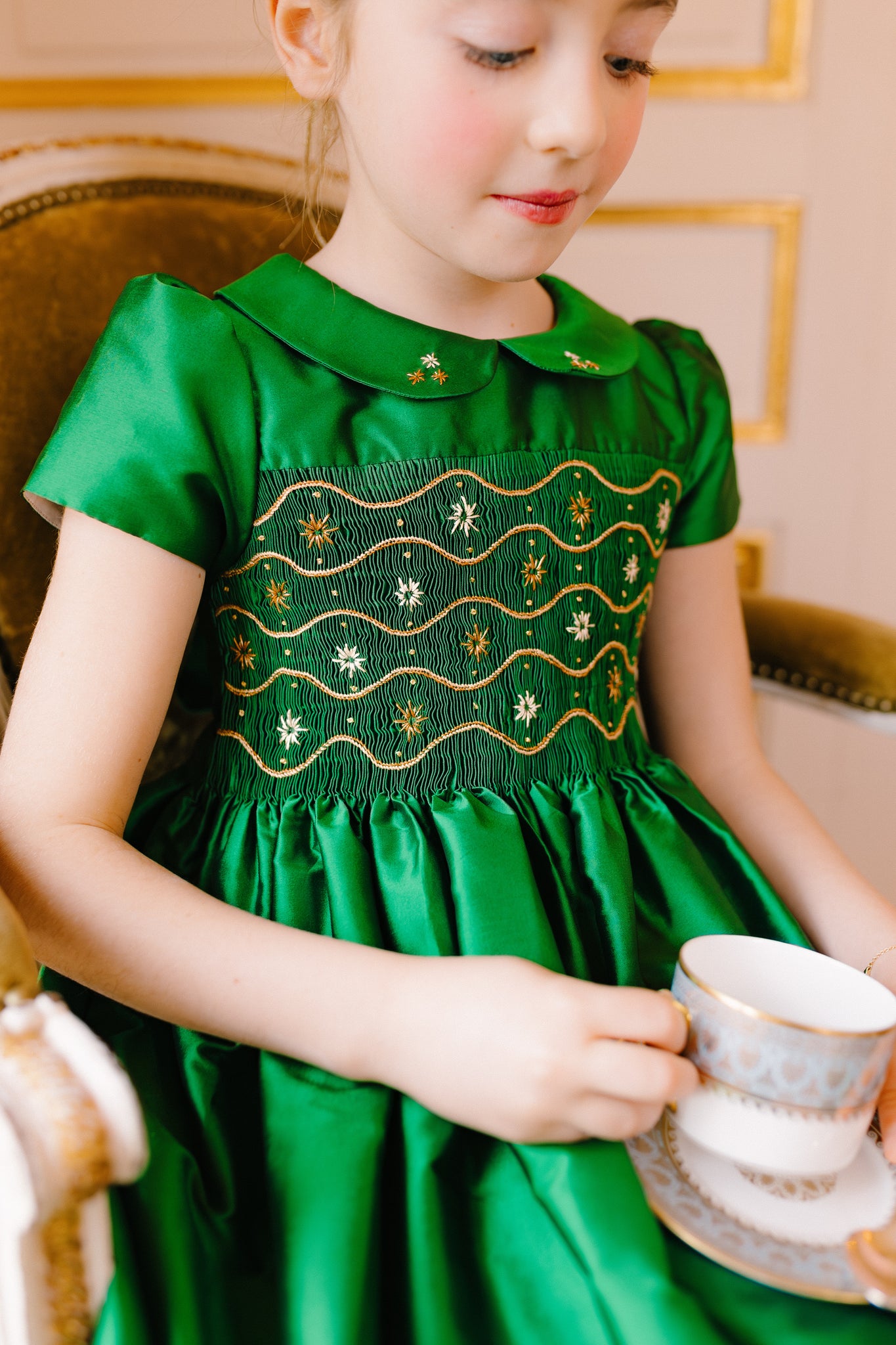 STELLA GREEN SILK SHORT SLEEVE SMOCKED DRESS