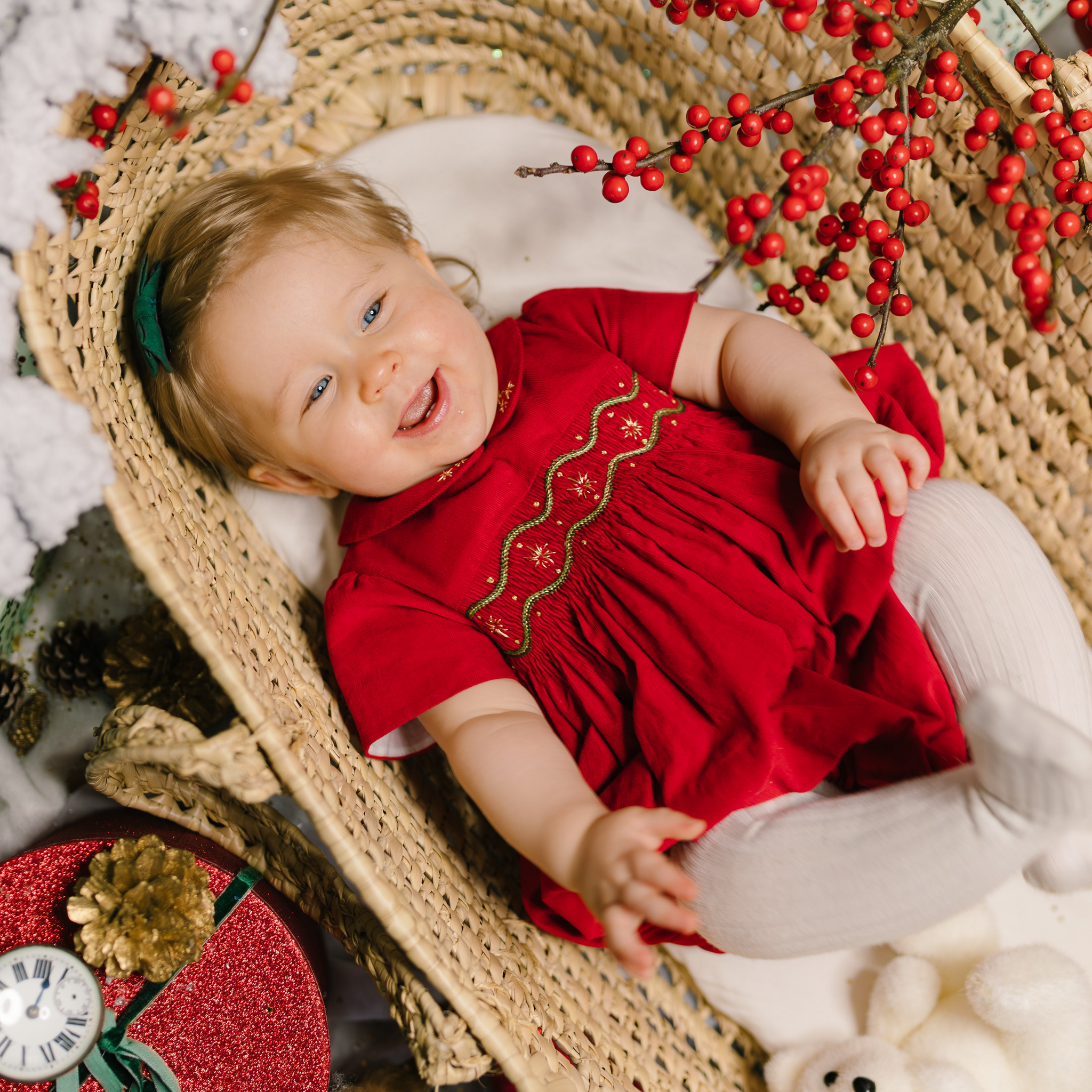 STELLA RED CORDUROY SHORT SLEEVE SMOCKED BUBBLE