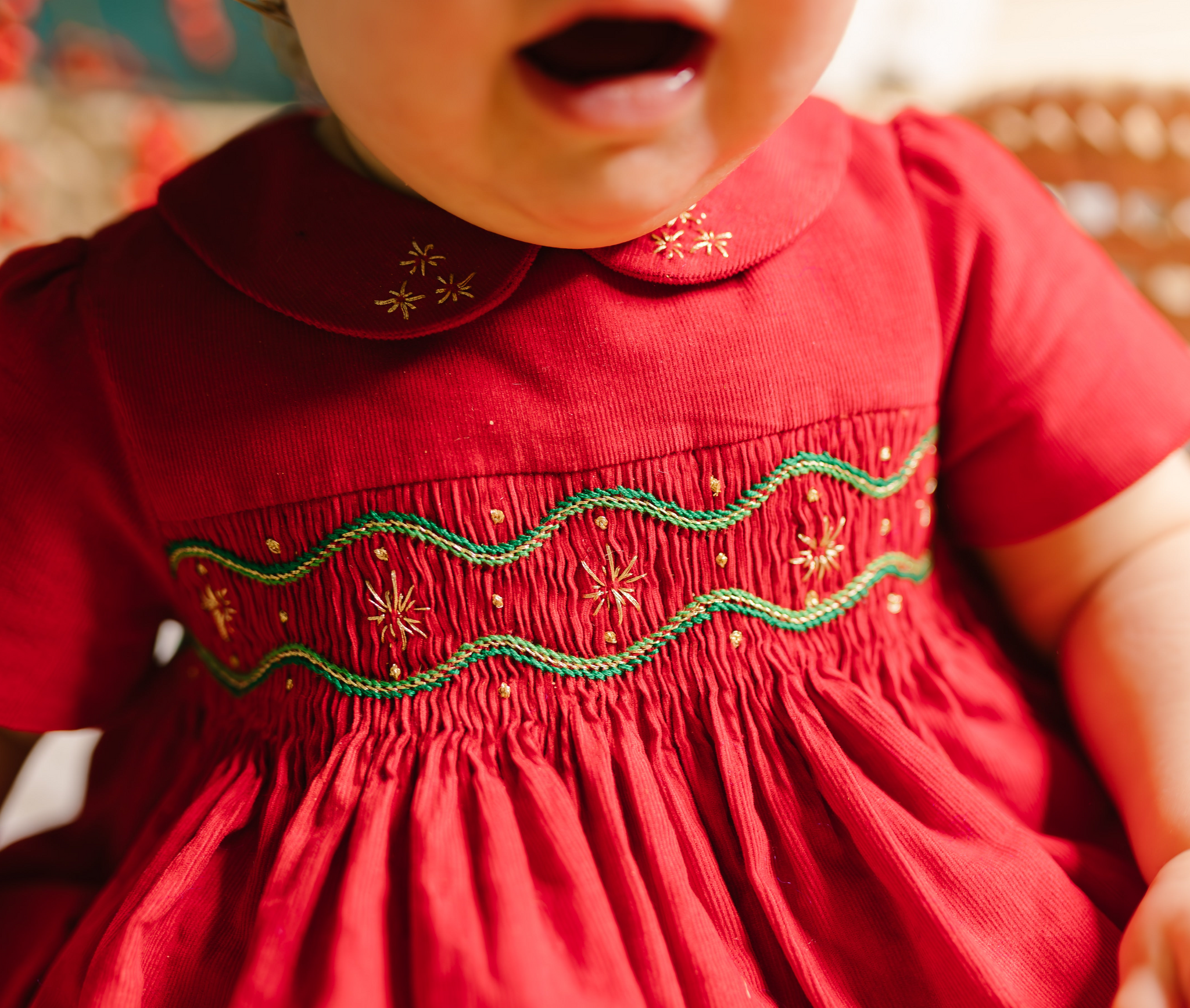 STELLA RED CORDUROY SHORT SLEEVE SMOCKED BUBBLE