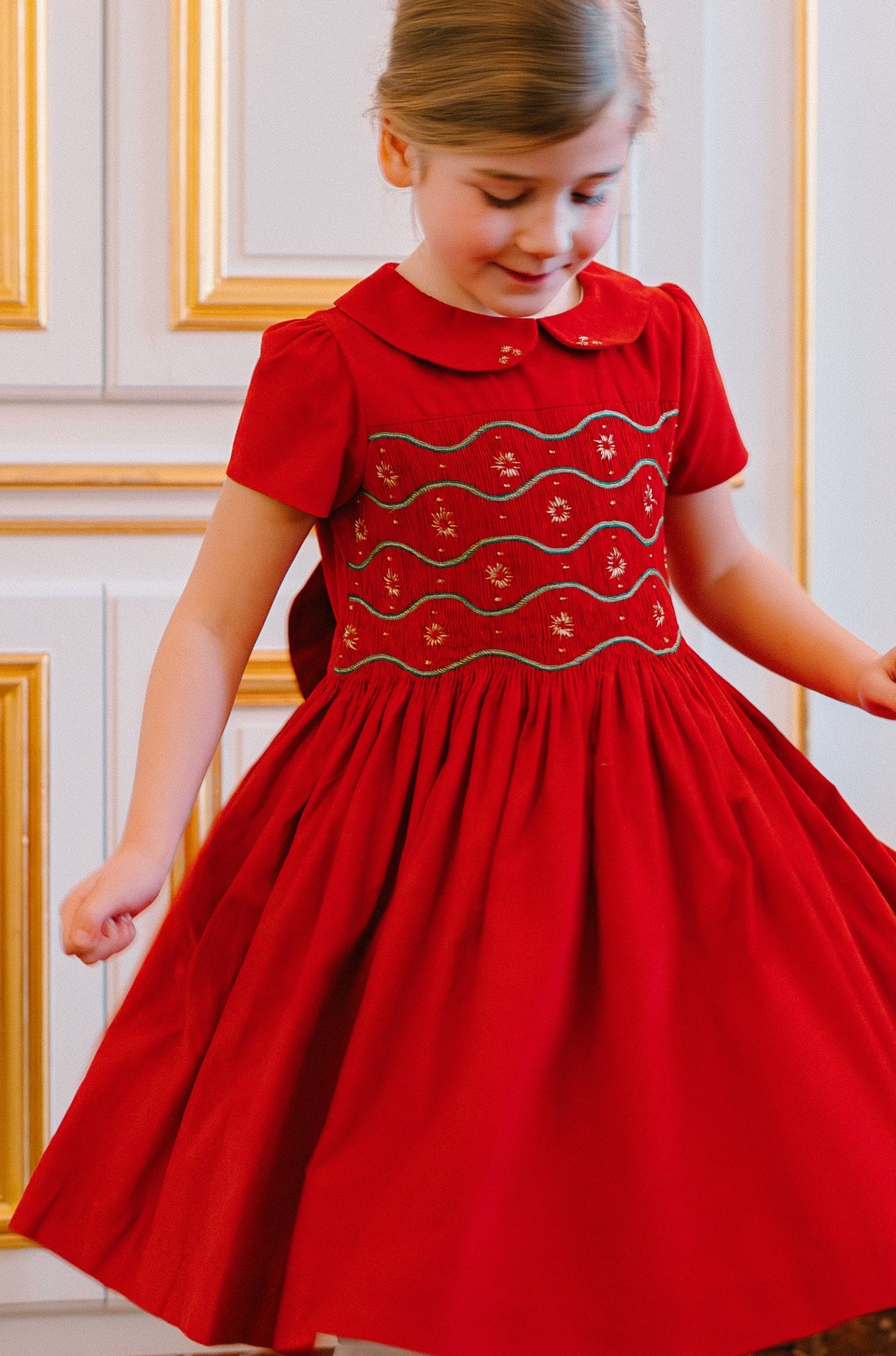 STELLA RED CORDUROY SHORT SLEEVE SMOCKED DRESS