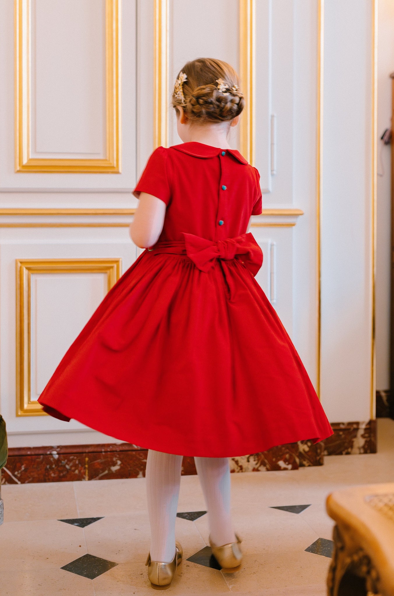 STELLA RED CORDUROY SHORT SLEEVE SMOCKED DRESS